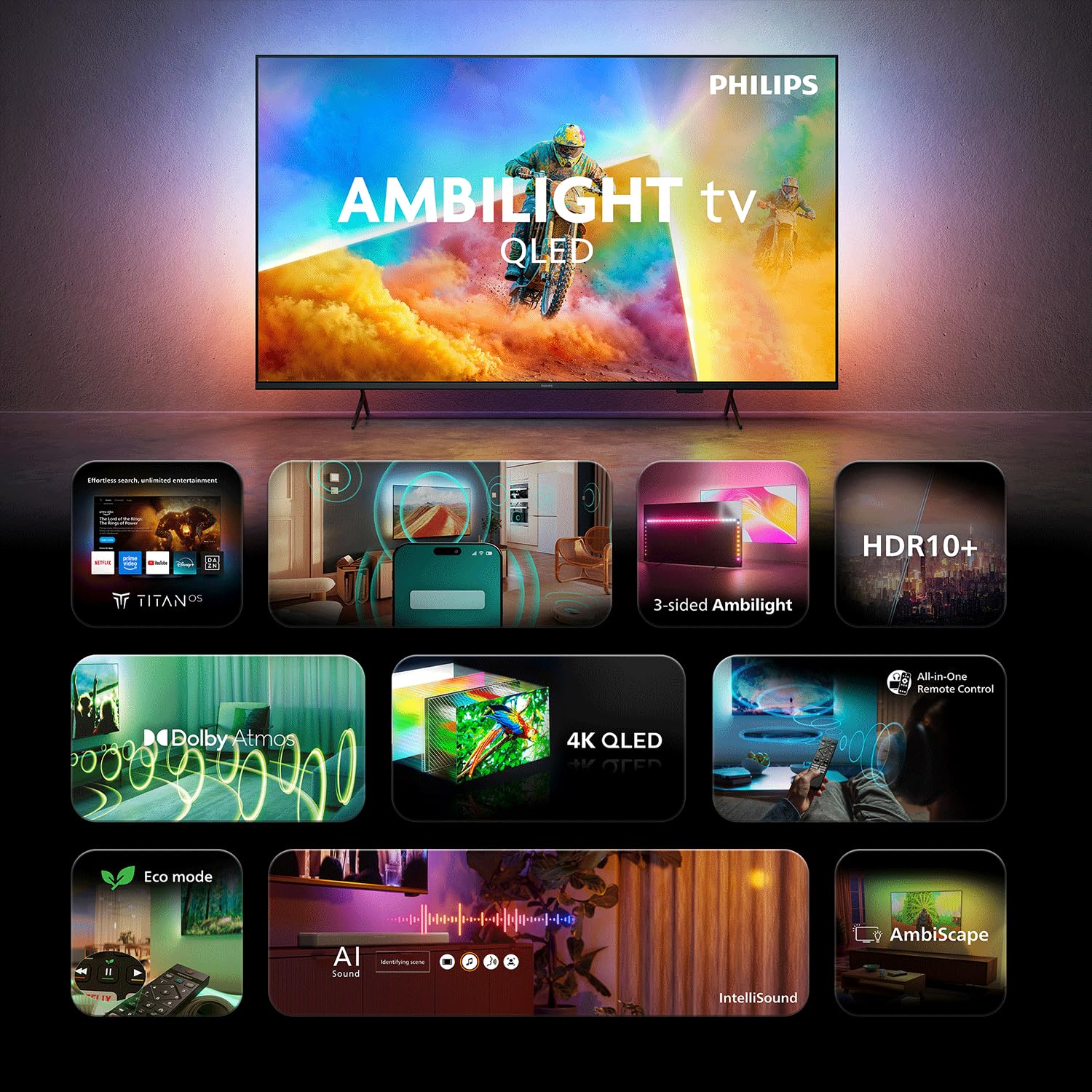 PHILIPS 65PQS8501/12 65 Inch Ambilight 4K QLED Smart TV, Pixel Precise Ultra HD, Titan OS, Dolby Atmos Sound