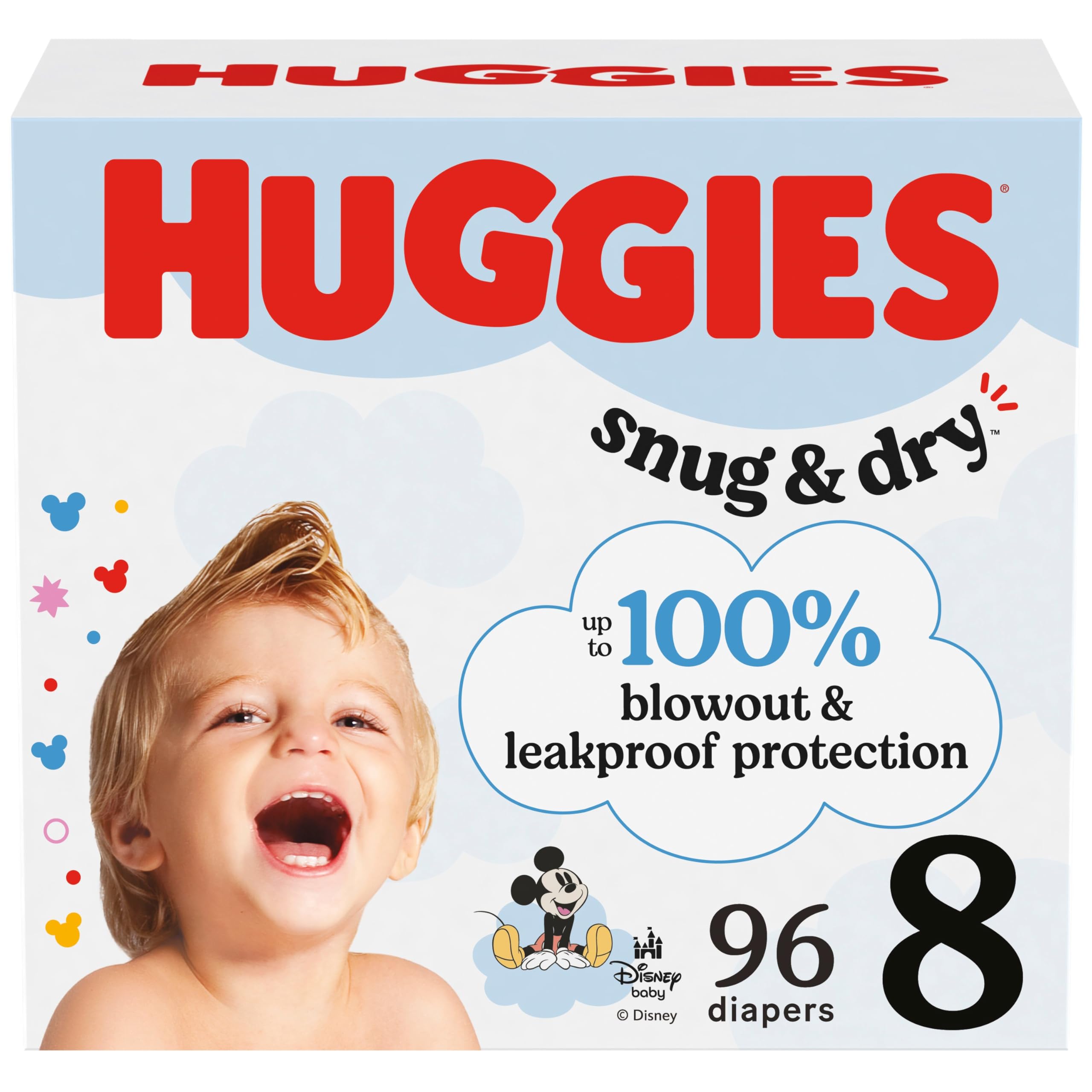 Huggies Size 8 Diapers, Snug & Dry Baby Diapers, Size 8 (46+ lbs), 96 Count (2 Packs of 48), Packaging May Vary