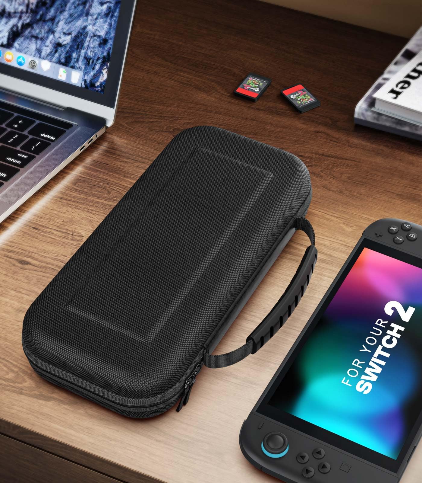 MoKo Custodia per Nintendo Switch 2 2025, Custodia da Viaggio Rigida Protettiva Portatile per Switch 2 Console Accessori, Cover di Grande Capacità con 10 Slot per Cartucce e Tasche, Nero