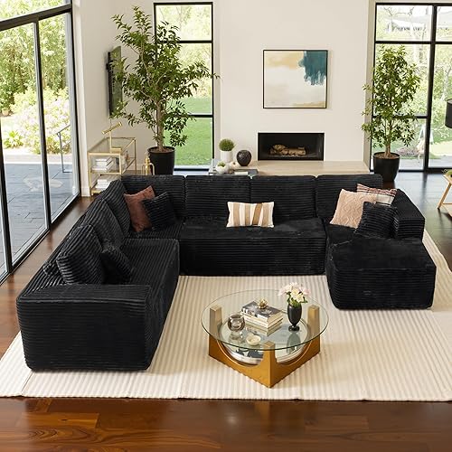 ovios Sectional Cloud Couch for Living Room, Modular Floor Sofa with Plush Corduroy, No Assembly Required, Big Comfy Couches Set with Fluffy Memory Foam, Stupendous U Shaped Sofas with Chaise, Black
