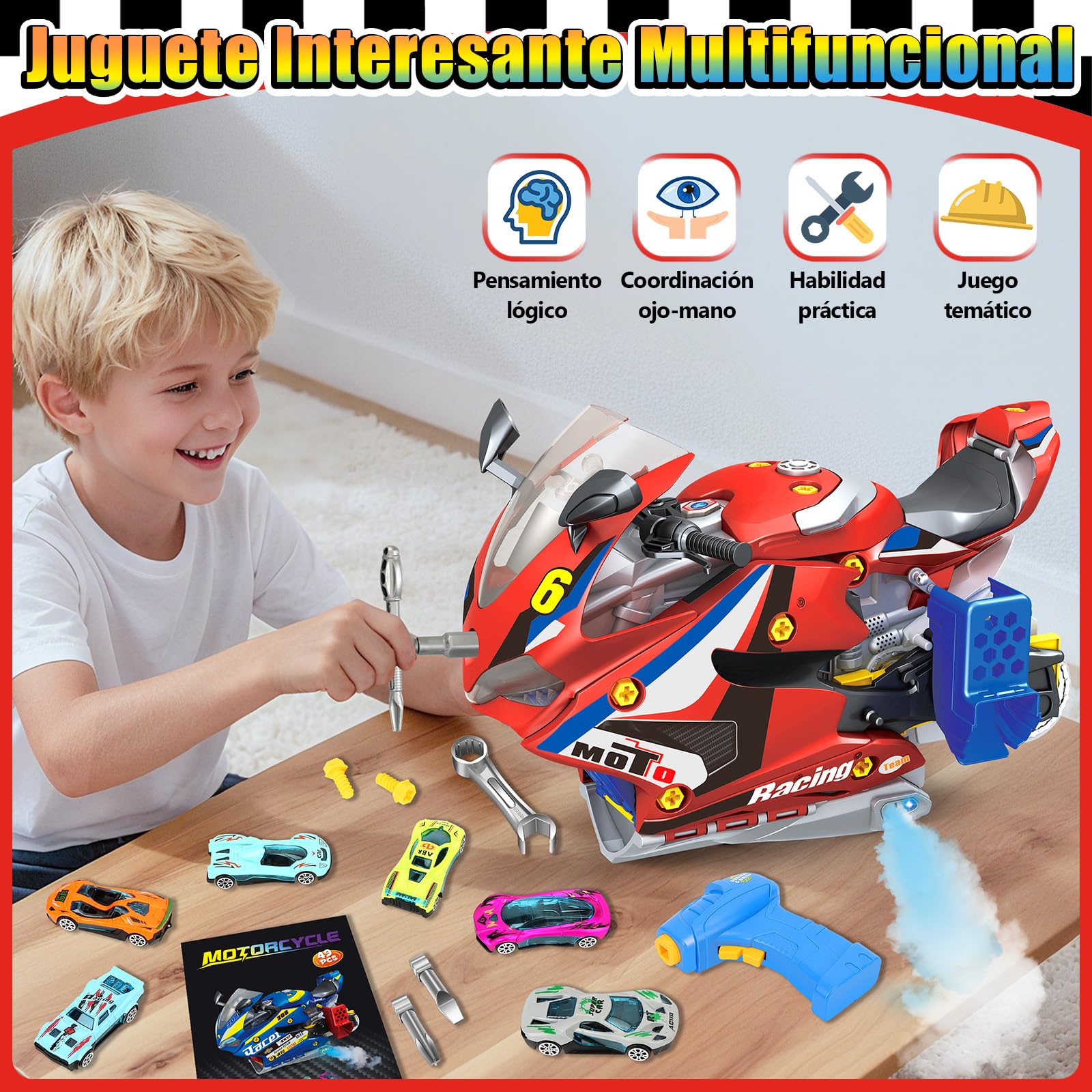 Moto Construir Niños, Moto de Construcción Con Luz y Sonido para 3-8 Años, Kit de Ensamblaje con Taladro Eléctrico y Pista, Regalo Ideal para Niños de 3 4 5 6 7 8 9 (Rojo)