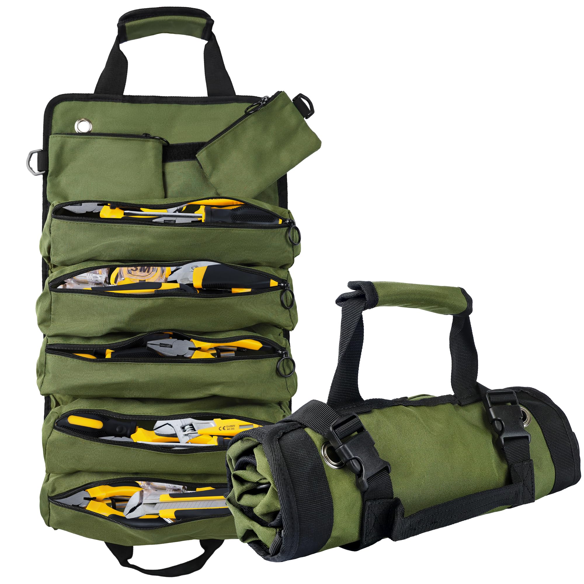 AASTT Portable Foldable Roll Up Tool Bag, Heavy Duty Tool Organizer Bag with 5 Compartments & 2 Detachable Pouches for Tools Storage, Waterproof Tool Roll Bag for Dad Men Electrician Gifts