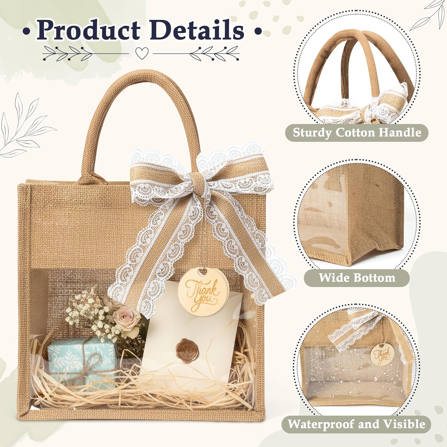 GQIRIL Wedding Burlap Tote Bags - 6 Pack Large Bachelorette Gift Bag with Handles Clear Window Ribbon, Reusable Bridesmaid Jute Handbags for Women Engagement Welcome Beach Party (14.2"×11"×2.8")