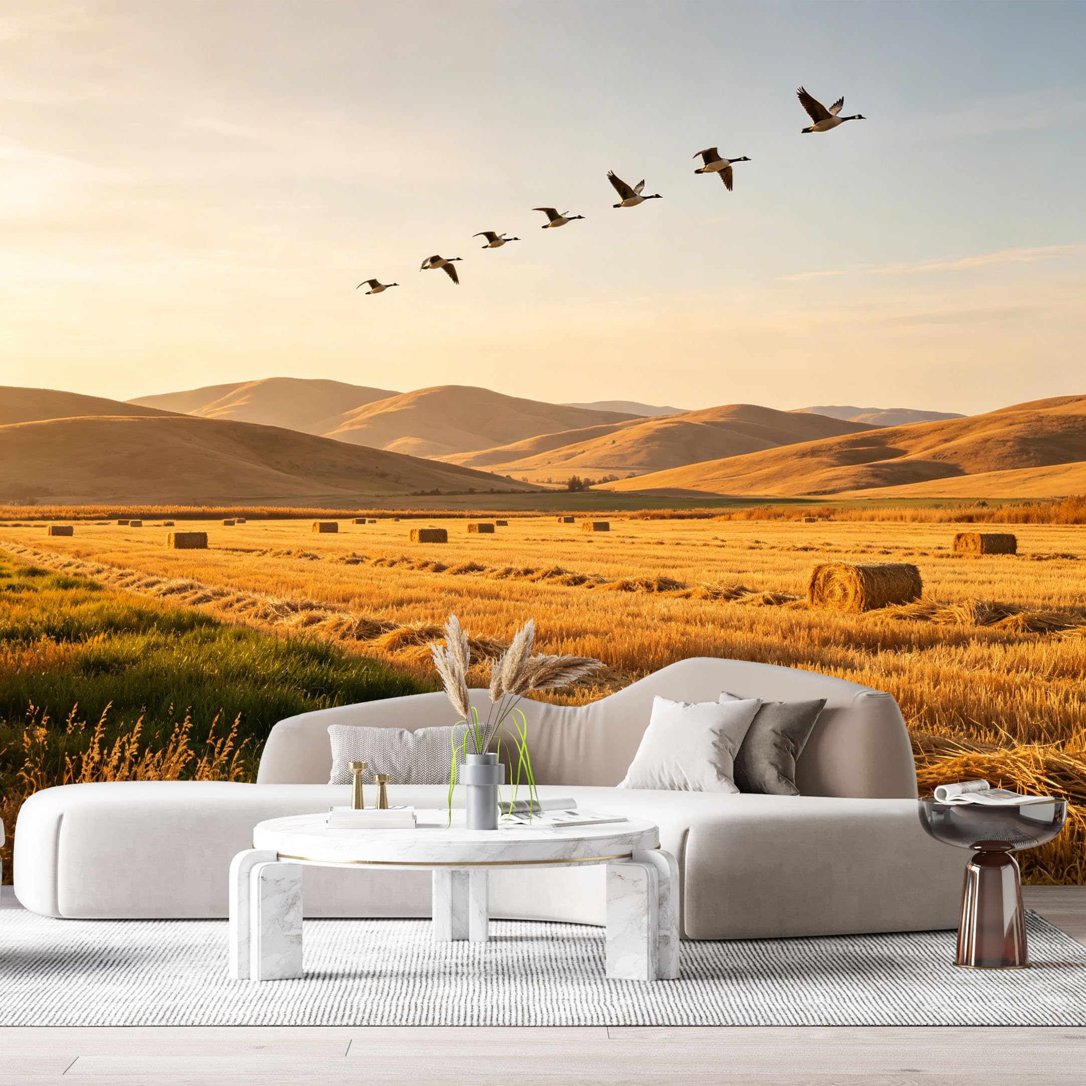 Custom Size Wall Murals Golden Field Landscape Farmhouse Flying Birds Sunset Hills SelfAdhesive Wall Fabric Removable Large Wallpaper for Photo Living Room
