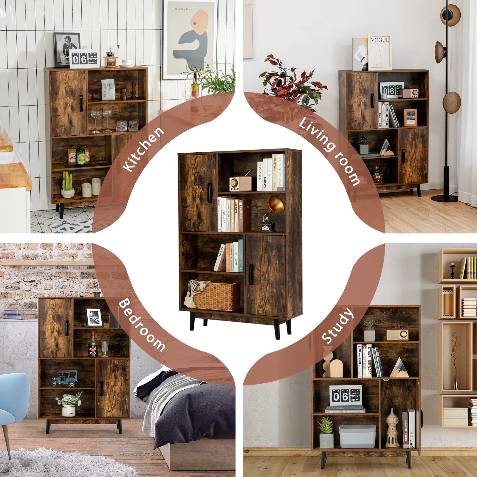 Dressoir met 2 deuren in notenhoutdecor met stoffen fronten L80 cm - JETSON