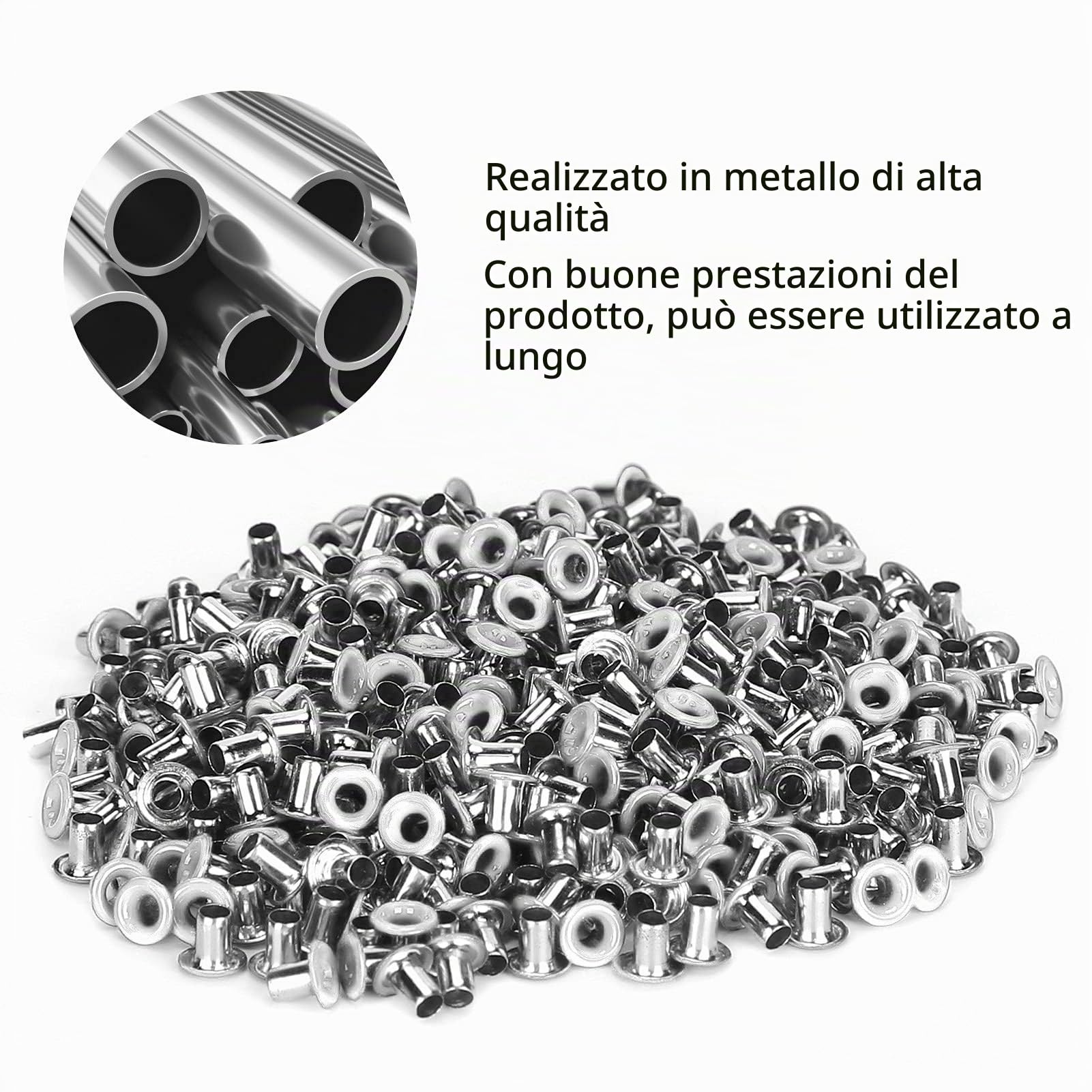 Kit Occhielli in Ottone, 500 Pezzi, 2 mm Foro Interno, Occhielli Metallici Rotondi per Vestiti, Scarpe, Borse in Pelle, Artigianato