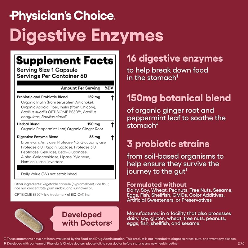 Physician's CHOICE Digestive Enzymes for Bloating & Digestion - Fast-Acting 16 Enzyme Formula with Organic Prebiotics & Probiotics for Gut & Digestive Health - Meal Time Discomfort Relief - 60 CT image 6