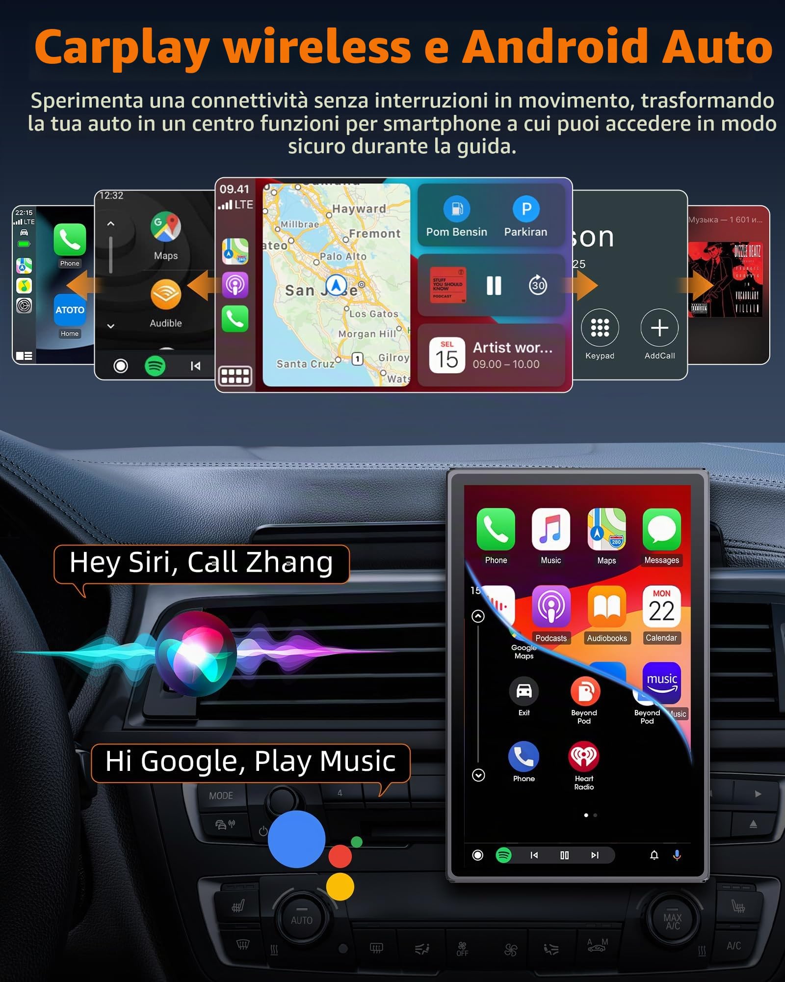 2025 Orizzontale/Verticale Carplay Auto Schermo Android Auto, 7 Pollici Carplay Android Auto Wireless con Aggiornamento OTA Supporto Magnetico Autoradio Bluetooth con Navigazione GPS Superlink