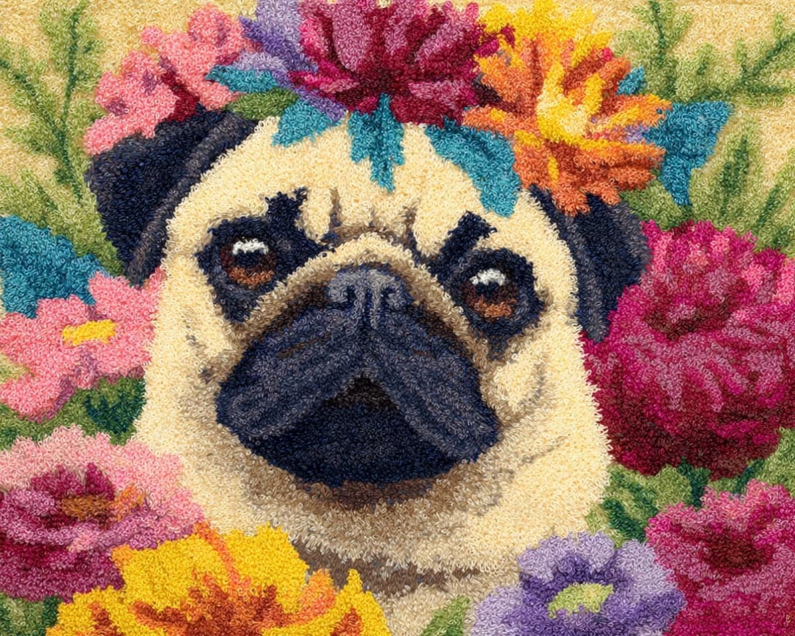 Wallphantom Latch Hook Rug Kits for Adults Beginners,Pugs and Flowers,Latch Hook Kits for Bedroom,Living Cushion Adult Craft Gifts,52x38cm