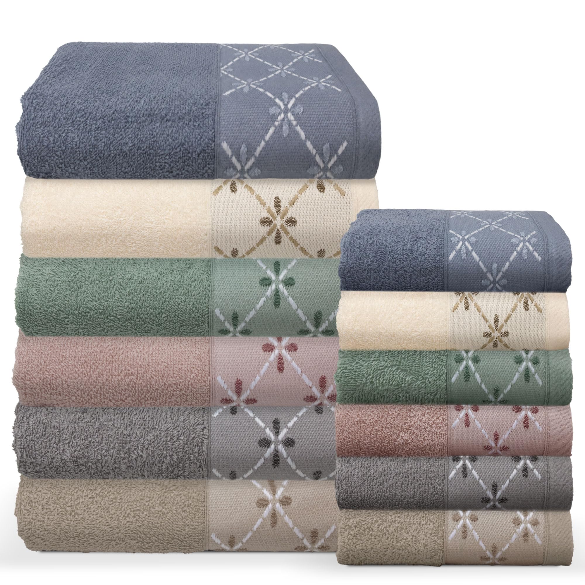 Toallas de baño para cara y bidé de puro algodón, juego de 12 unidades, 6 + 6 bordadas, de suave rizo de 400 g, cara de 55 x 100 cm e invitados 40 x 60 cm