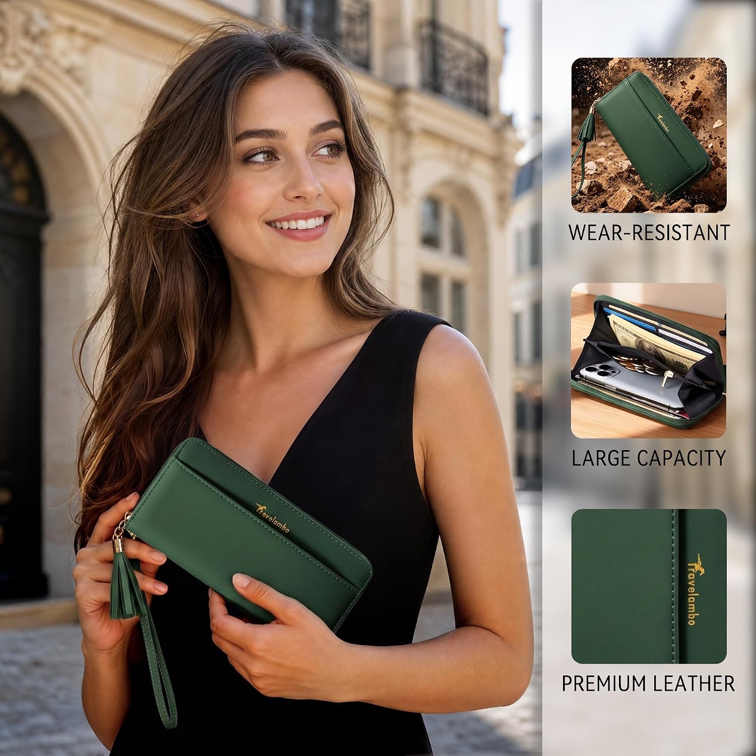 Travelambo Wristlet Wallet Women RFID Bifold Large Capacity Clutch Purse