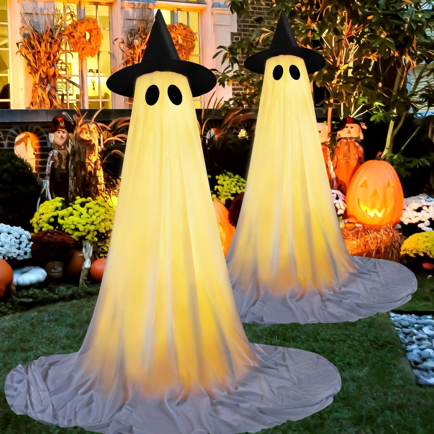 Halloween Decorations Ghost Outdoor Light Up Ghost Kit 2Packs, Halloween Decor with String Lights, Spooky Halloweens Ghosts Decorations Outside with Witch Hat for Lawn Yards Front Porches