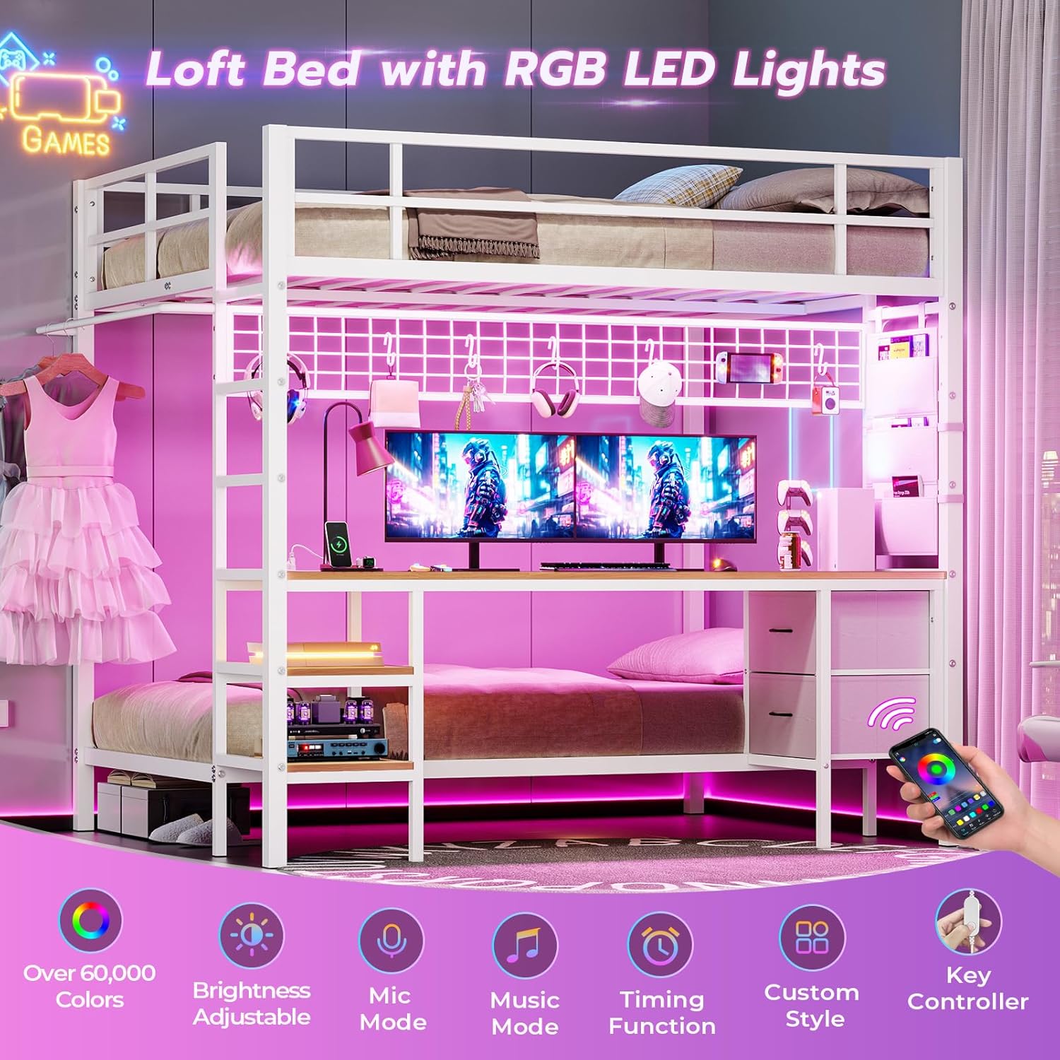 DICTAC Bunk Bed Full Over Twin with Desk and Led Lights Metal Full Over Twin Size Bunk Bed with Charging Station,Storage Shelves and Drawer,Bunk Beds for Teen/Adult with Safety Guard & Ladder,White