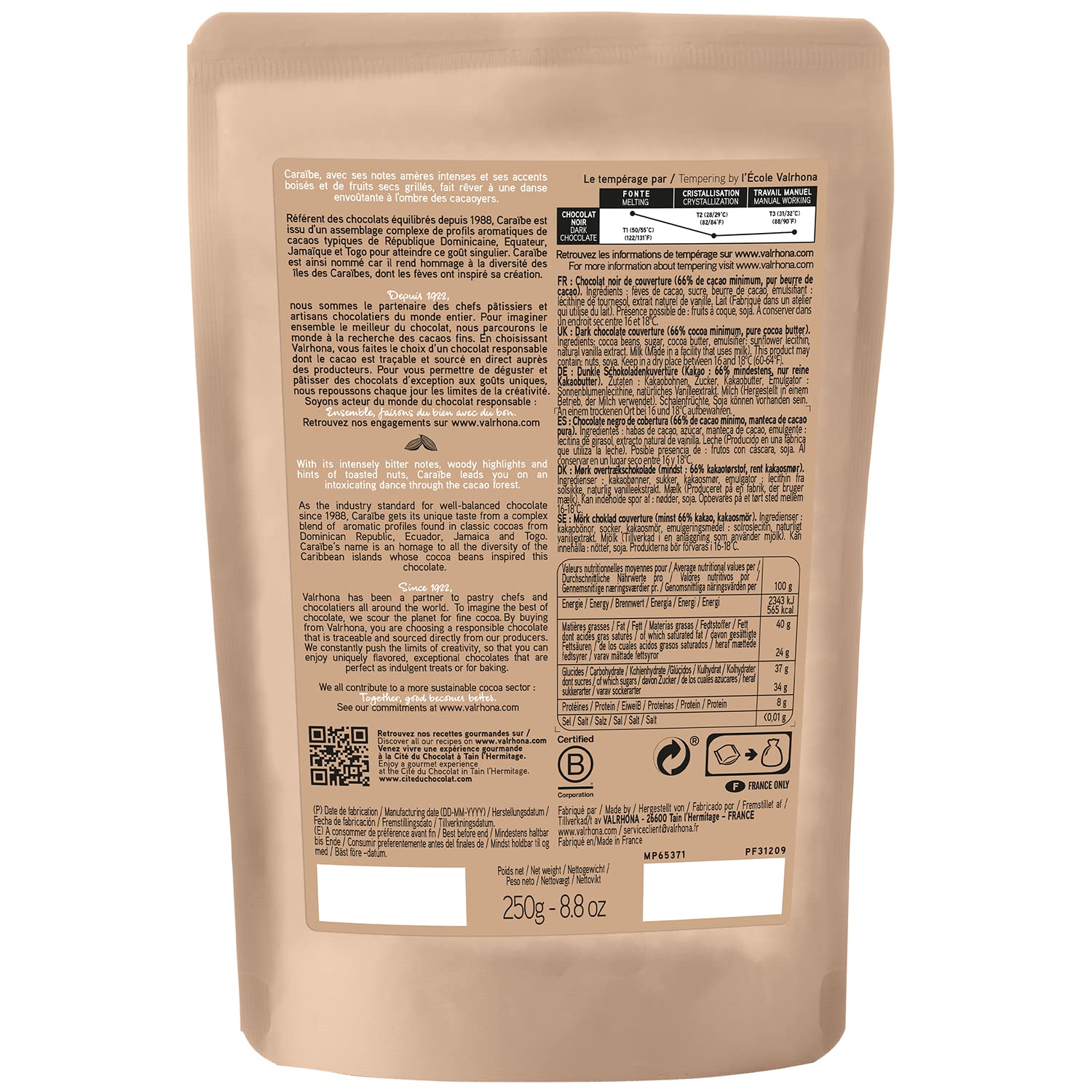 Valrhona Dark French Semisweet Chocolate Discs for Baking (Feves). Premium CARAÏBE 66% Cacao Grand Cru Blend. Better than Chocolate Chips, Perfect For Cookies, Cakes, Mousses, Frostings, Hot Chocolate