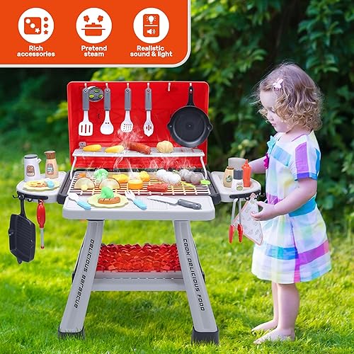 Miniatura 4 de CUTE STONE Juego de barbacoa para niños y microondas, juguetes de cocina con sonidos, luz y vapor, juguetes interactivos para interiores y