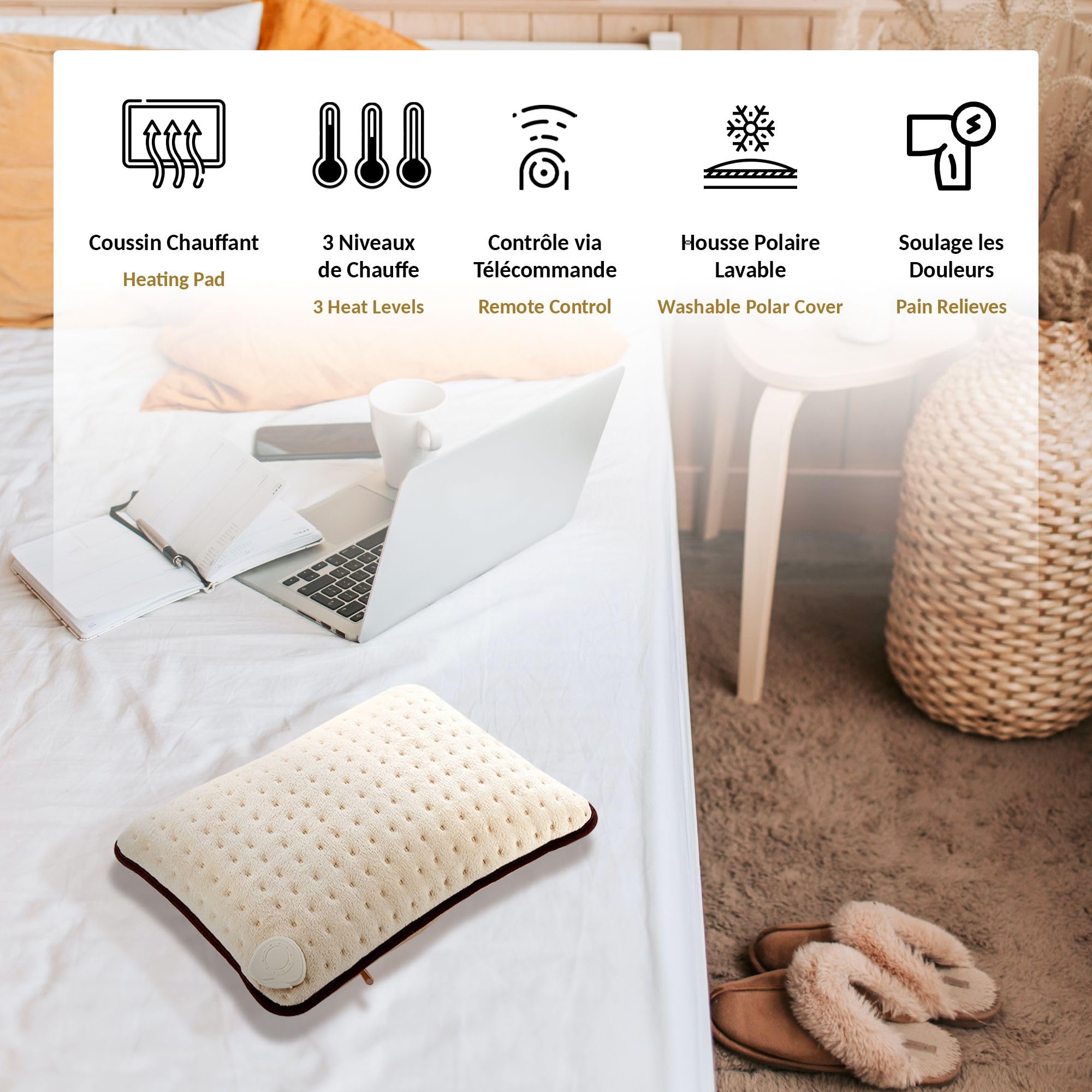 FISHTEC Coussin Chauffant Warm Cosy - Polaire Ultra Douce 40 x 30 cm - 3 Niveaux de Température - Télécommande Amovible - Lavable en Machine