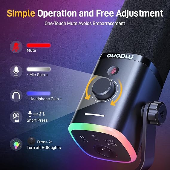 MAONO XLR/USB Gaming Microphone for PC, Dynamic Computer Mic for Streaming Podcasting, Noise Reduction, Mute, Volume Control, RGB Boom Mic for Vocal Recording,Voice-Over, PD100XS Black
