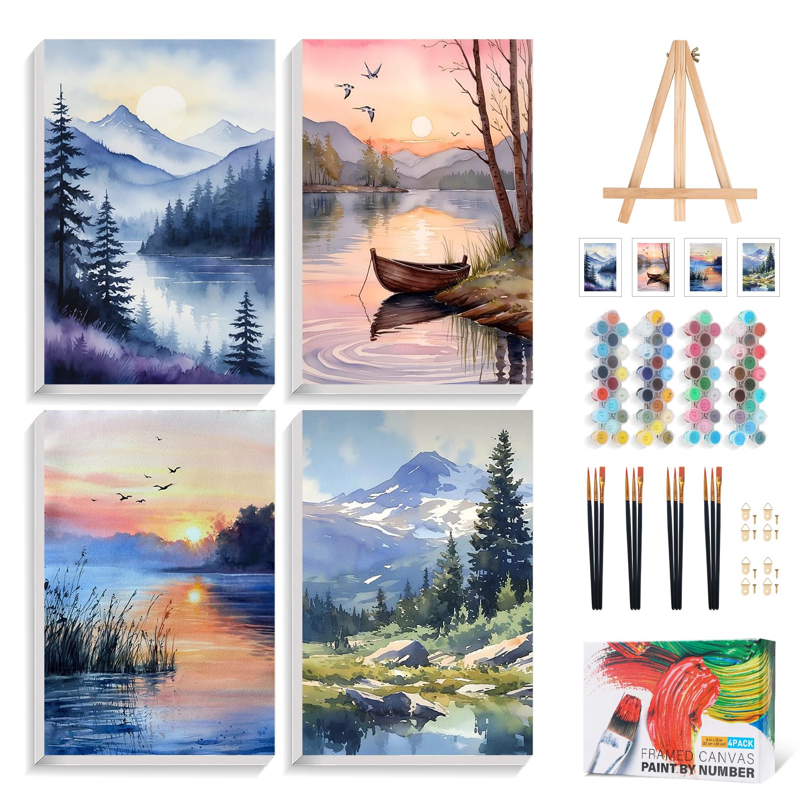 Landscape Paint by Numbers for Adults with Frame, Easel, 8x12in, 4 Pack