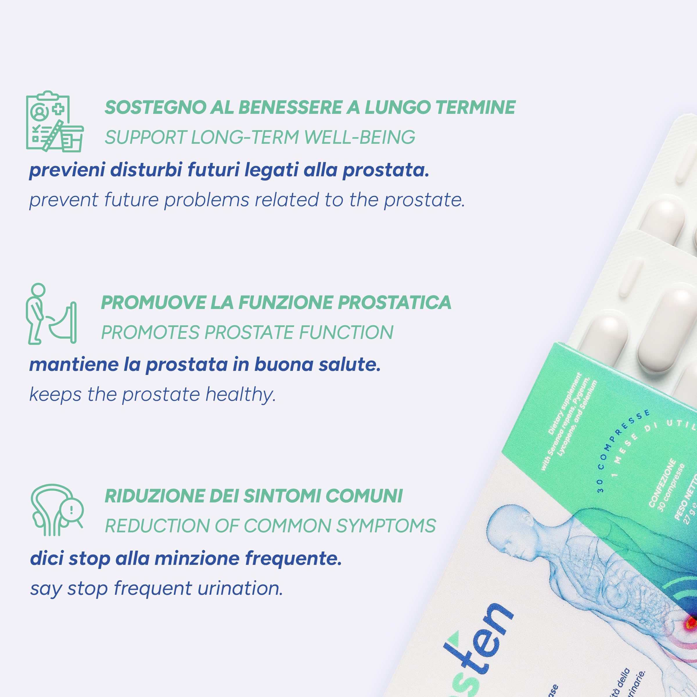 PROSTEN Integratore Prostata Uomo | Supporto Benessere Prostata e Funzionalità Urinarie | Serenoa Repens, Zinco, Vitamina E | 30 Compresse