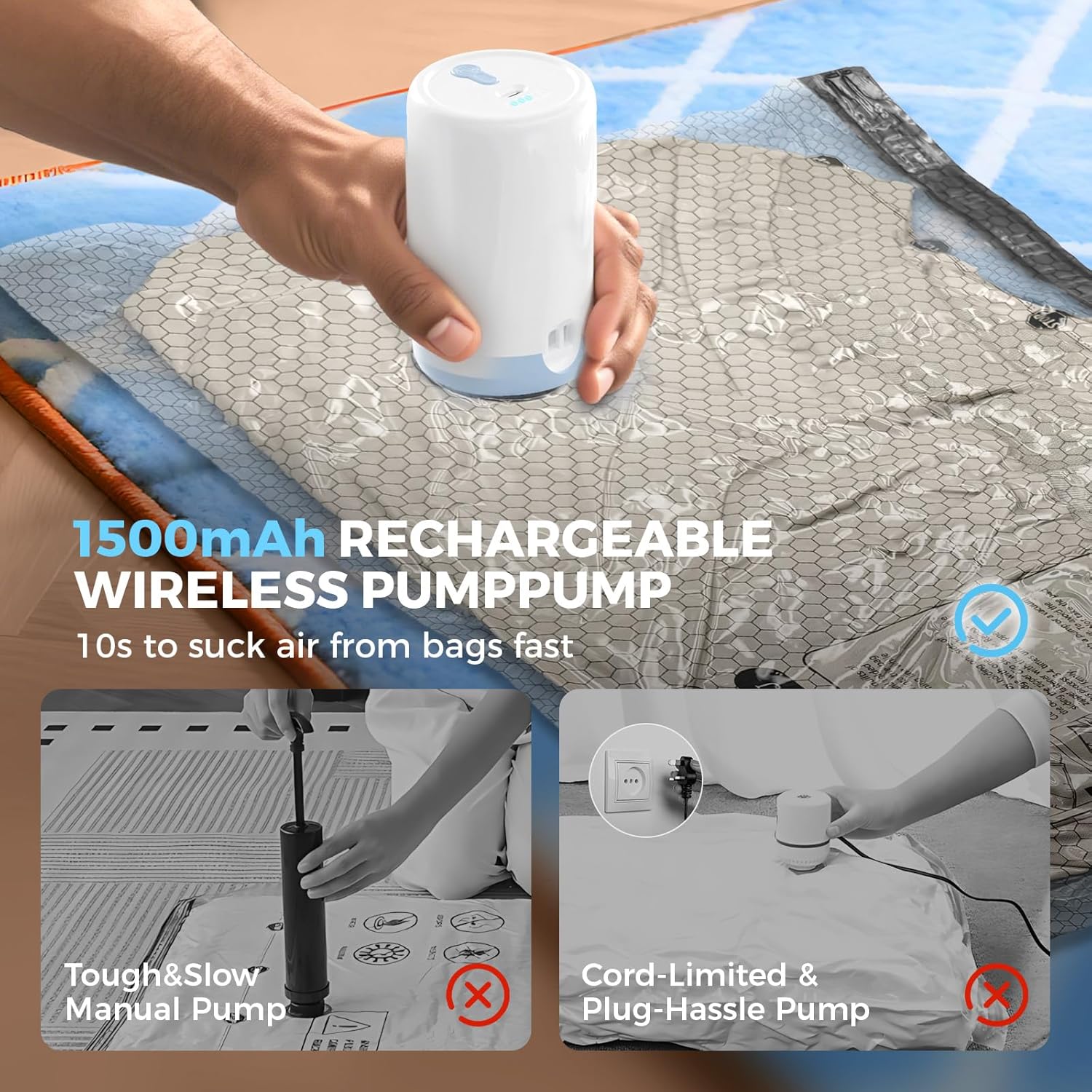 15 Pack Travel Vacuum Bags with Rechargeable Wireless Pump, Clothing Seal Organization Packing Bags, Compression Space Saver Storage for Airplane/Cruise/RV/Camping Carry On Luggage, Suitcase