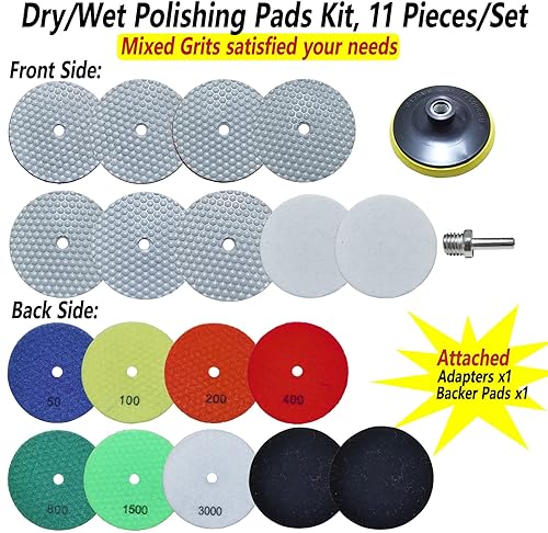 Miniatura 6 de Almohadillas de pulido de diamante seco de 5 pulgadas, kit de 11 almohadillas de pulido de piedra de granito húmedo y seco para baldosas de cuarzo
