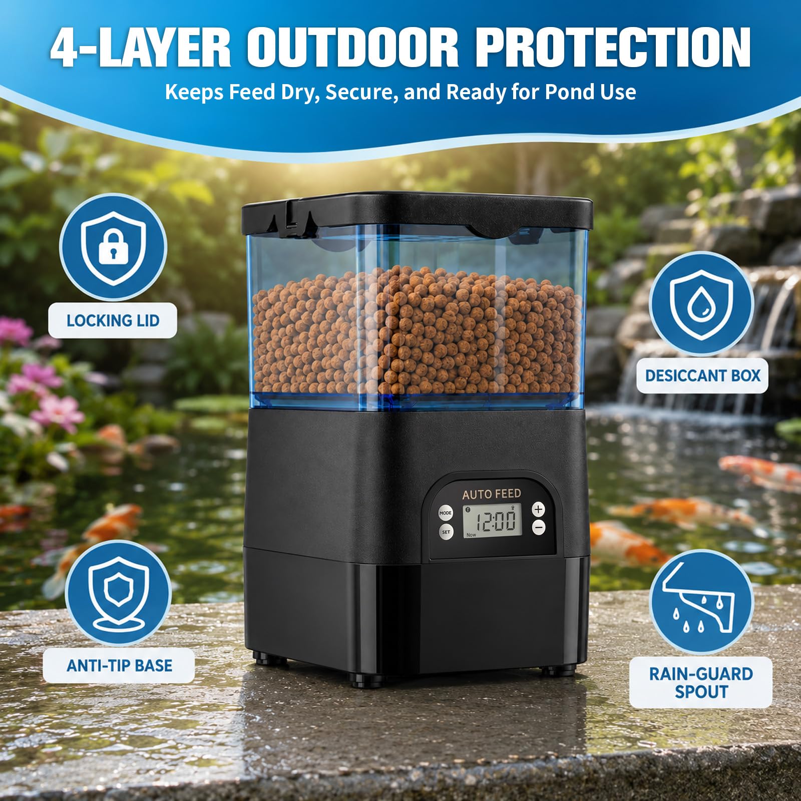 Teichfutterspender Automatisch 2.8L, Koi-Futterspender mit LCD-Display