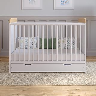 Love For Sleep LEVI Baby Cot Bed 120x60cm - Wooden Convertible Toddler Bed with Large Drawer and Quilted Microfiber Foam Mattress (White/Pine)
