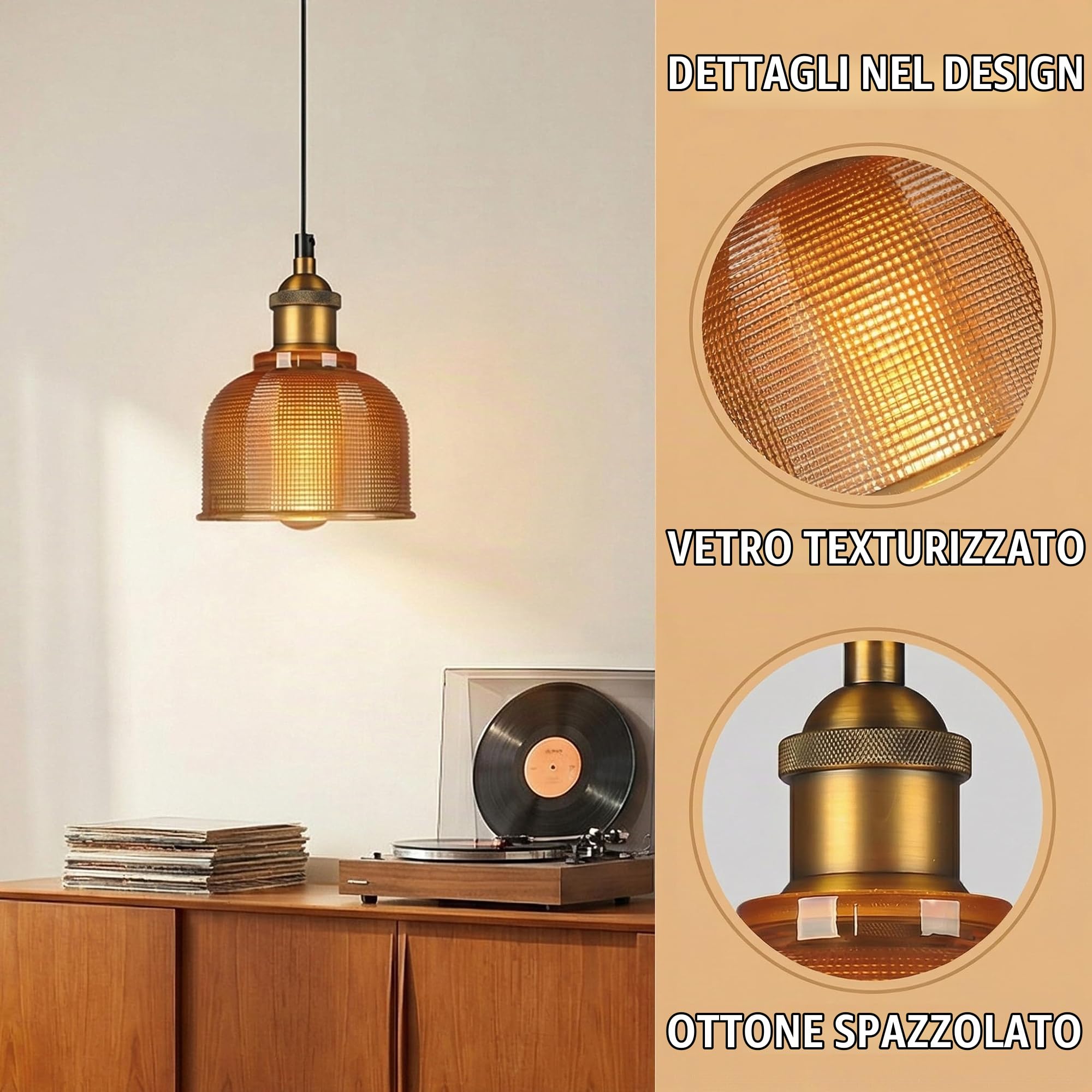 Lampadario Vintage in Vetro Rotondo e Ottone Antico, Industriale E27 Lampada a Sospensione da Soffitto per Cucina, Sala da Pranzo e Caffetteria (Ambra, 15cm)