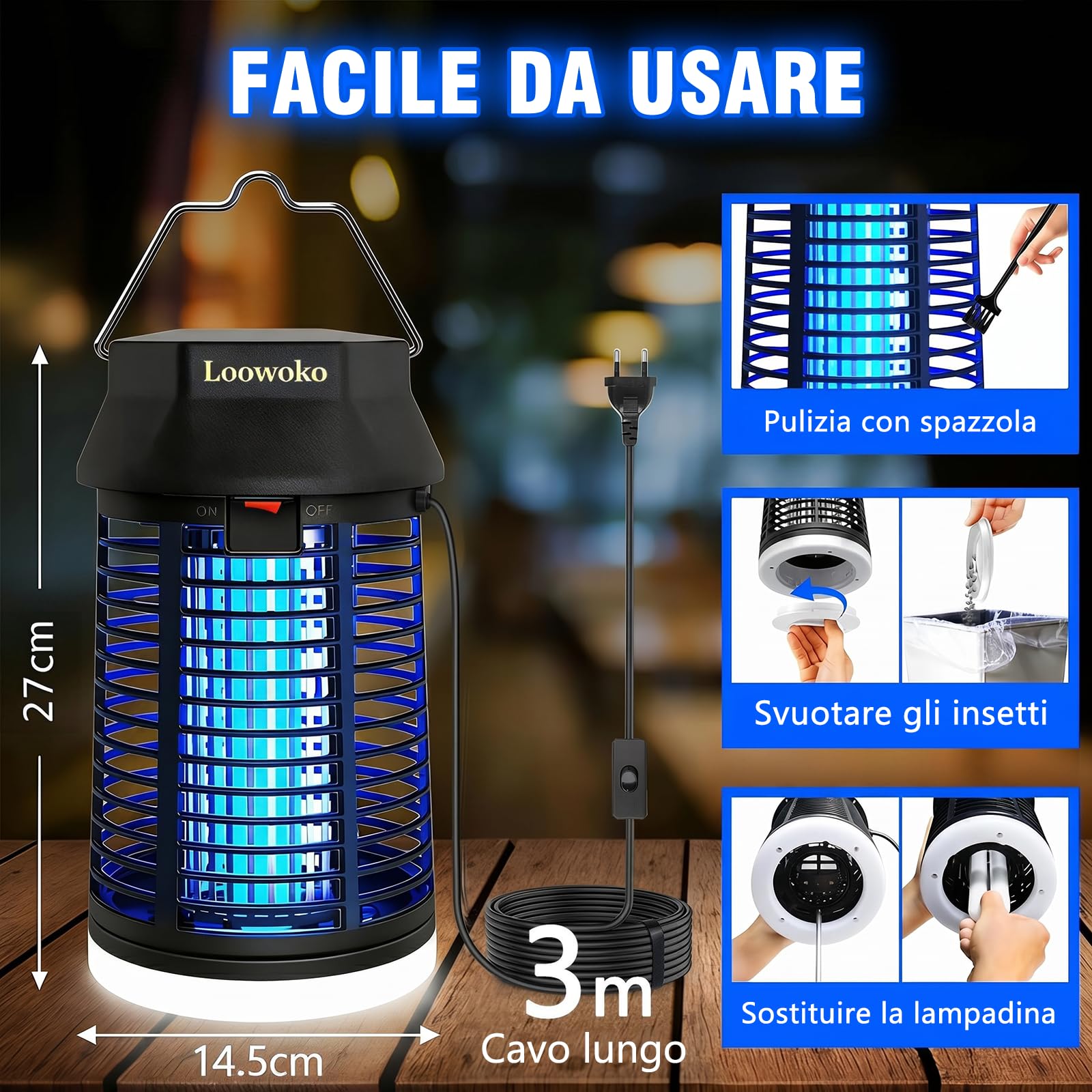 Loowoko Insetticida Elettrico Con Cavo Prolungato Da 3 m, Lampada Anti Zanzare Da 4200V Con Luce LED, Trappola Per Mosche Elettrico Impermeabile Mosquito Killer, Anti Zanzare Lampada Per Interni E
