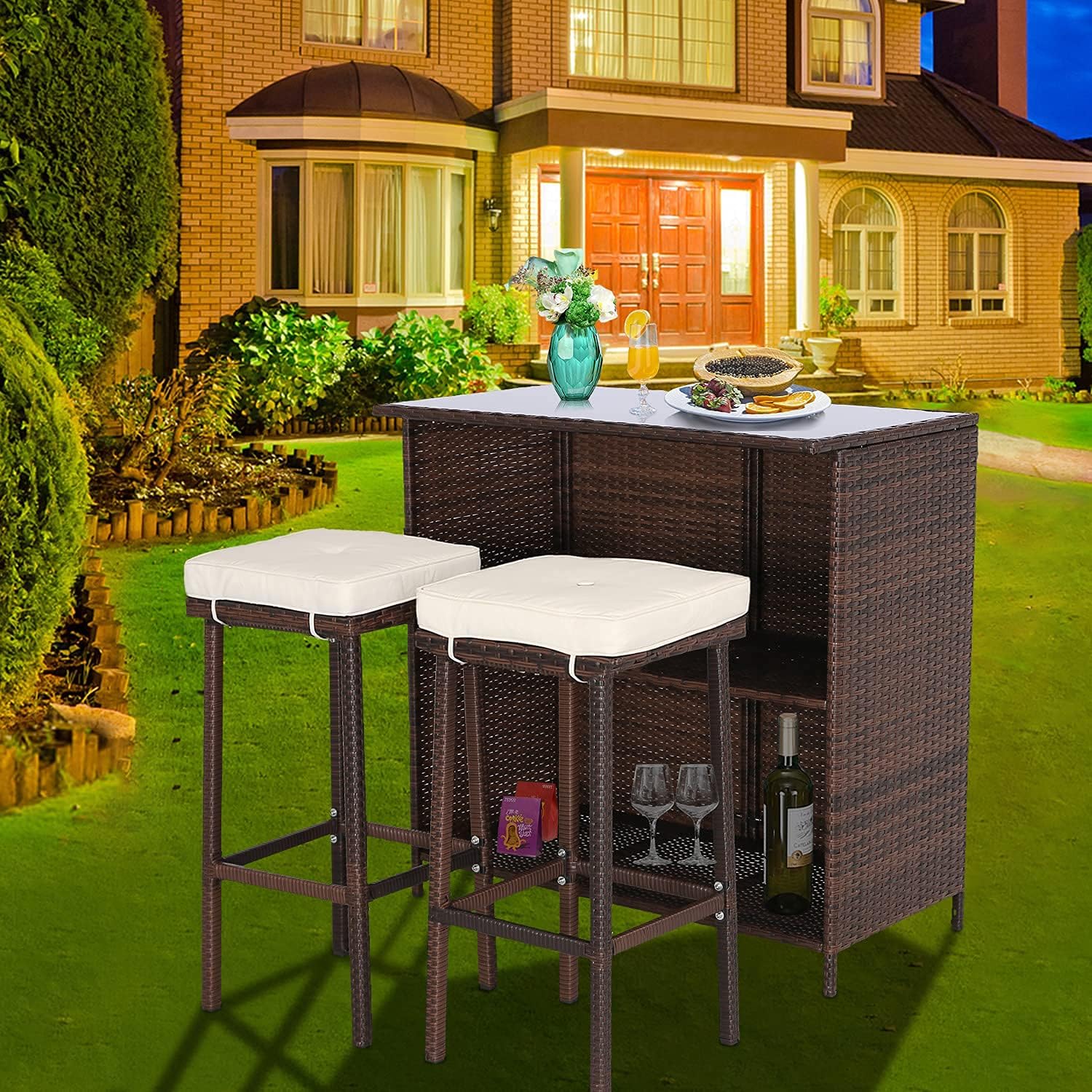 Furnimy 3 Pieces Patio Bar Set Outdoor Wicker Bar Furniture Outdoor Bar Set Outside Bars for Patio Backyard Bar Brown PE Rattan, Outdoor Table and 2 Stools (Beige) : Patio, Lawn & Garden
