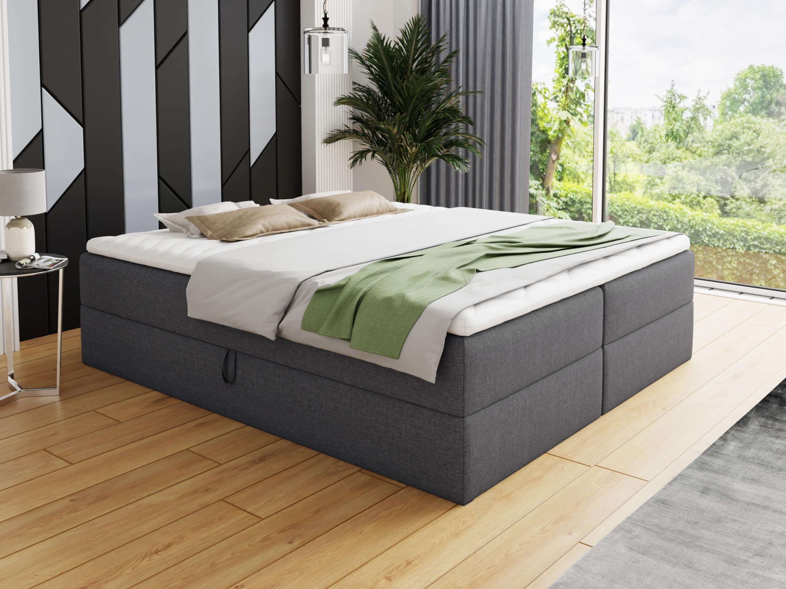 Sofnet Boxspringbett Base mit 2 Bettkästen - Doppelbett mit Bonell-Matratze und Topper, Polsterbett, Freistehendes Bett, Bettgestell, Schlafzimmer (Graphit (Inari 94), 180 x 200 cm)