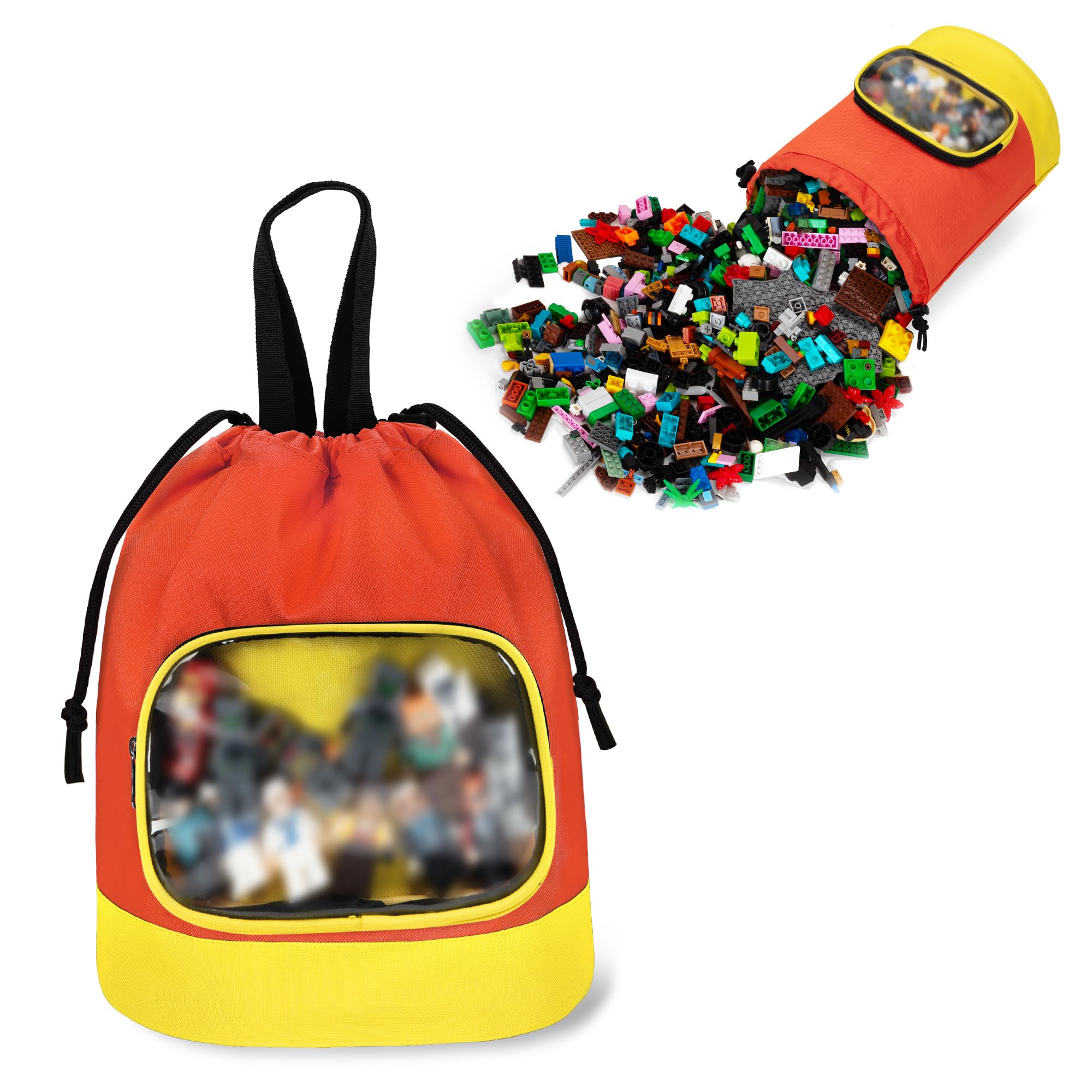 Rexmica Drawstring Toy Storage Bag Compatible with Building Bricks, Magnetic Tiles, Puzzles, Board Games, Construction Toy Carrying Bag, Toy Organiser Bag for Home, Travel, Small(Yellow-orange)