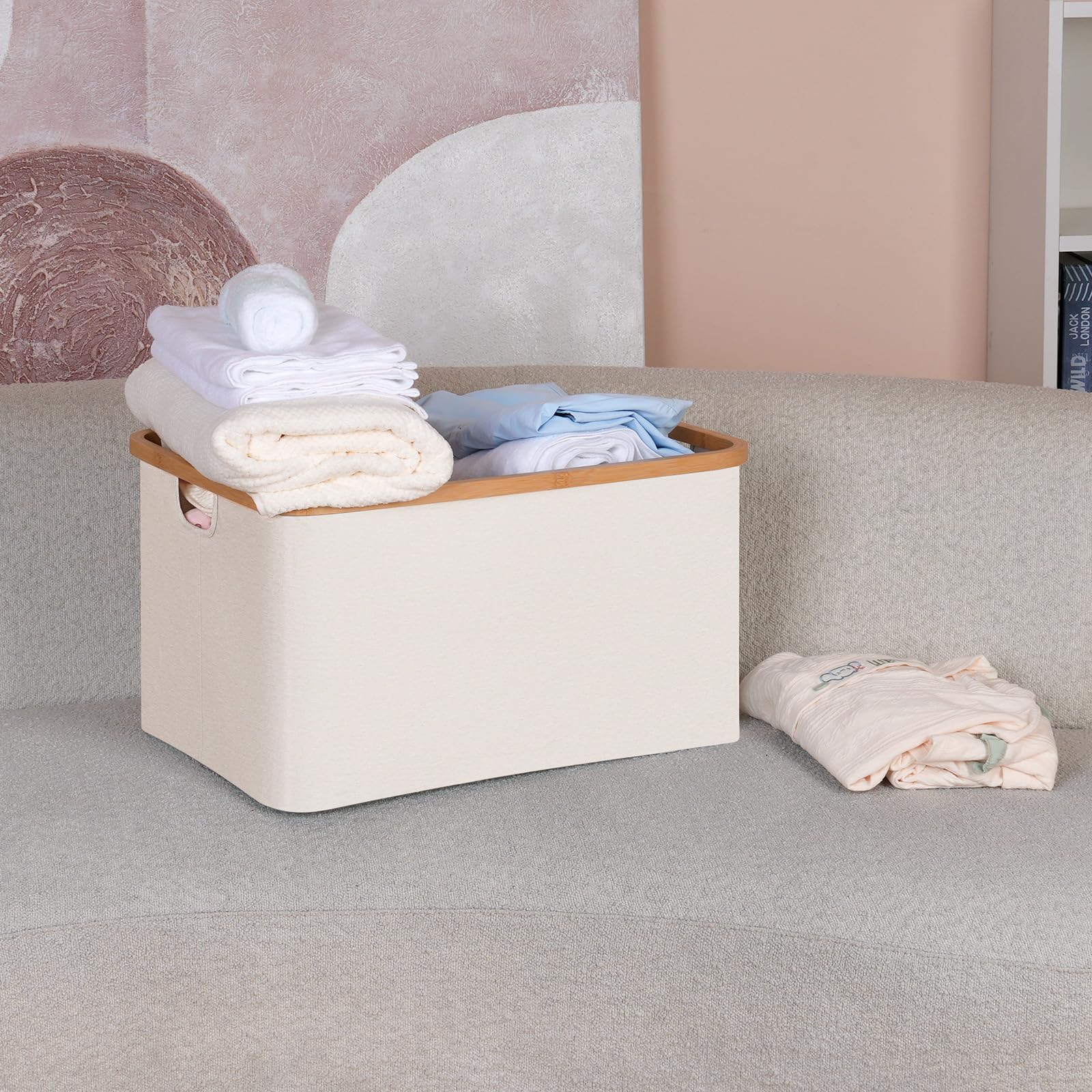 efluky Panier à Linge Pliable 60L, Tissu Bambou Panier de Rangement Pliable, Rangement Panier à Linge, Laundry Baskets pour Chambre à Coucher Salle de Bain (Beige)
