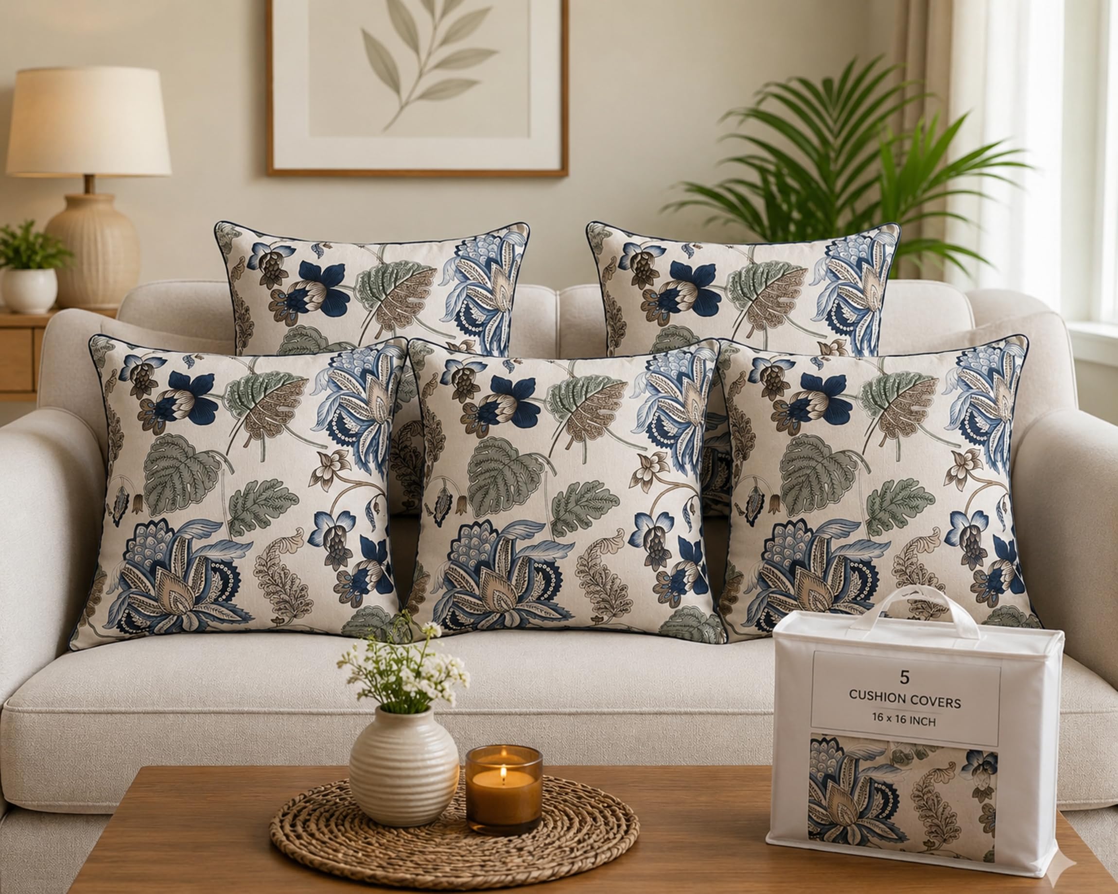 Cotton Cushion Covers 16x16 Inch – Hand Block Floral Print Pillow Covers for Sofa, Couch & Bedroom (Pack of 5) (Dark Blue)