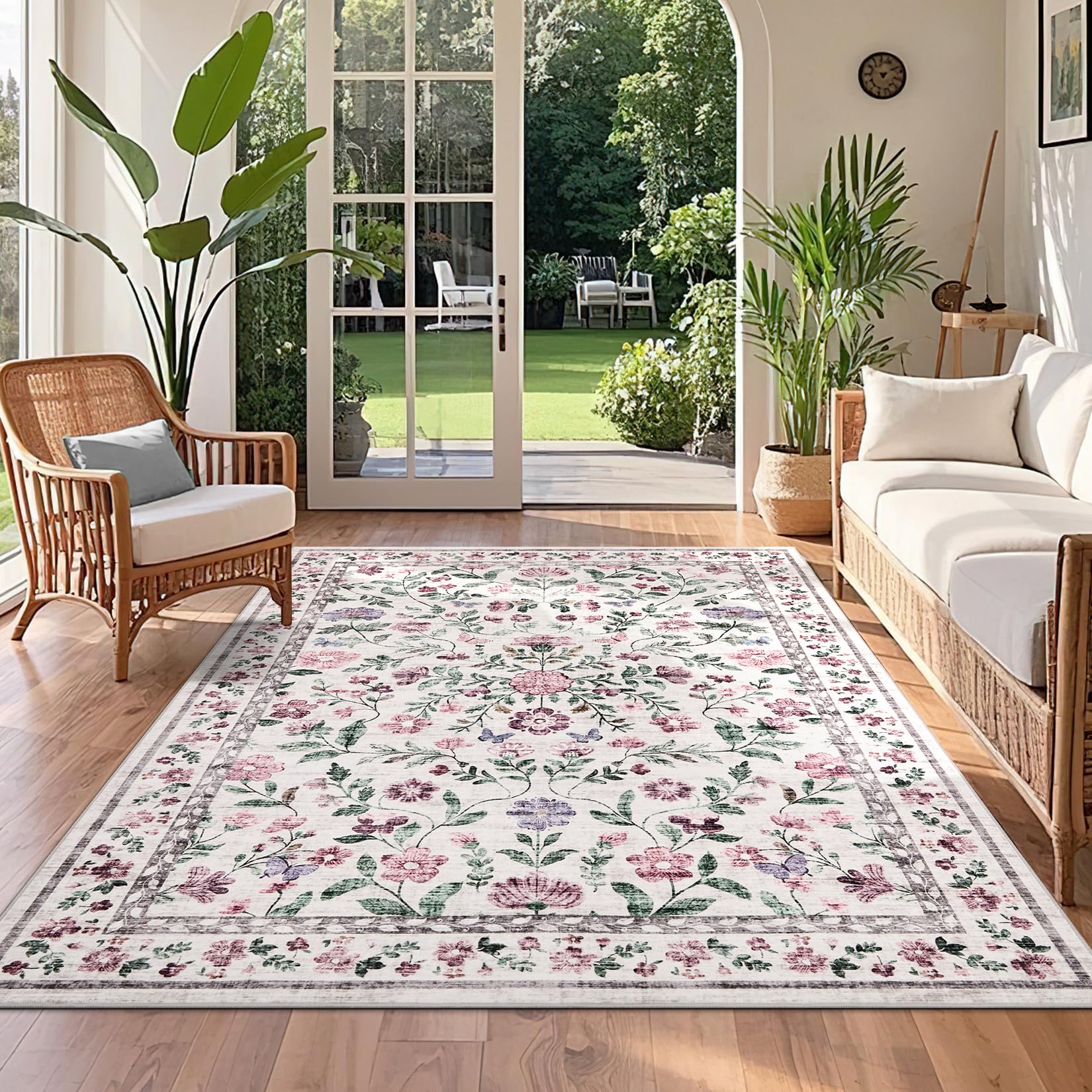 CAROMIO Washable Floral Rug 120x170 cm Low Pile Non-Slip Living Room Purple