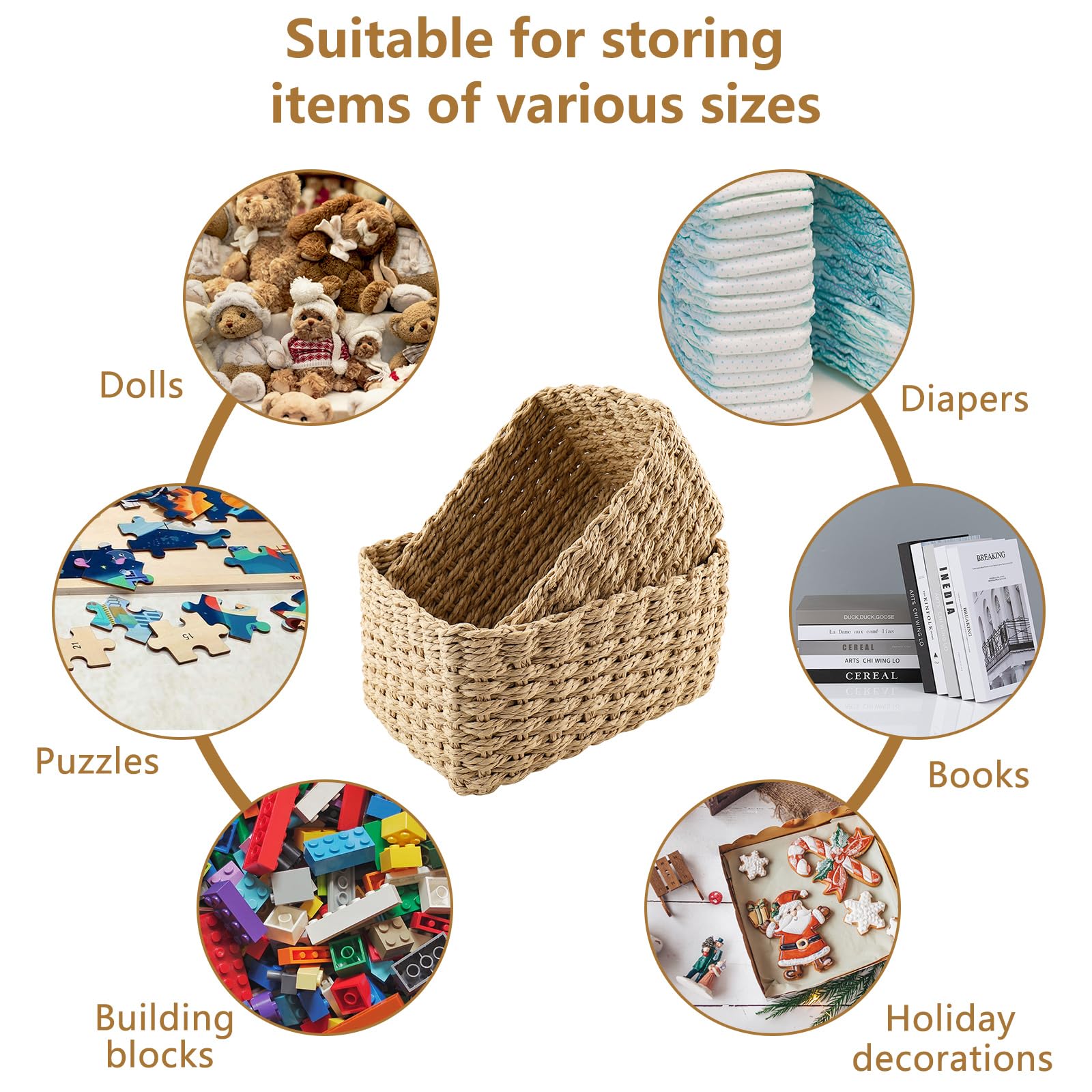 Set 4 Cestini Portaoggetti Impilabili - Organizer Per Bagno, Camera Bambini O Soggiorno, In Erba Intrecciata