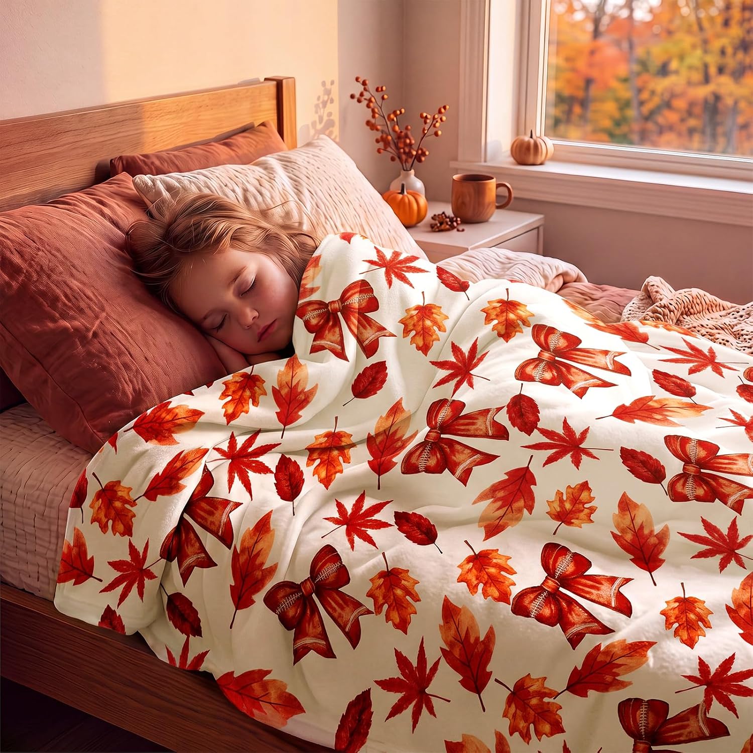 Fall Football Blanket Coquette Bow Maple Leaf Throw Blanket