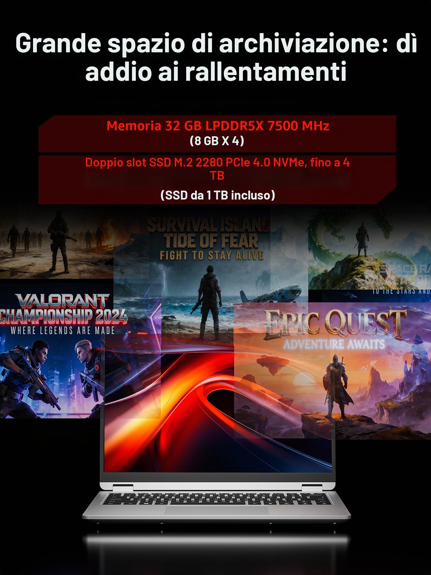 Computer portatile, schermo QHD+ da14" (2880x1800)Ryzen 7 H255 (8 core/16 thread, fino a 4,9 GHz), 32 GB di RAM LPDDR5, SSD da 1TB(espandibile fino a 8 TB) lettore di impronte digitali, grigio