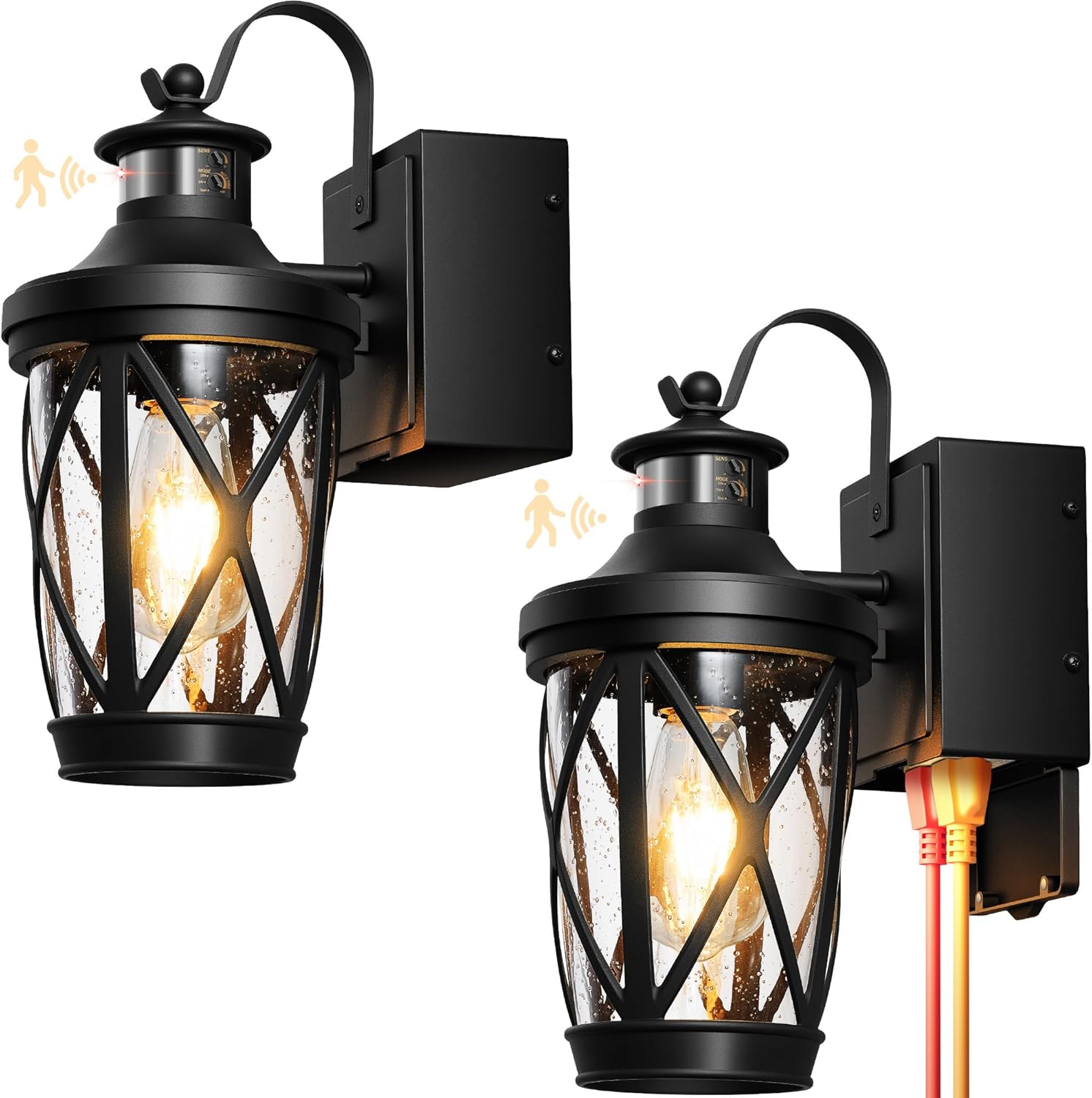 Motion Sensor Outdoor Wal Light with GFCI Outlet, 2-Pack Black Exterior Lighting Fixtures with Outlet, Waterproof Outdoor Lanterns for Porch with Seed Glass, E26 Exterior Garage Sconce Lights