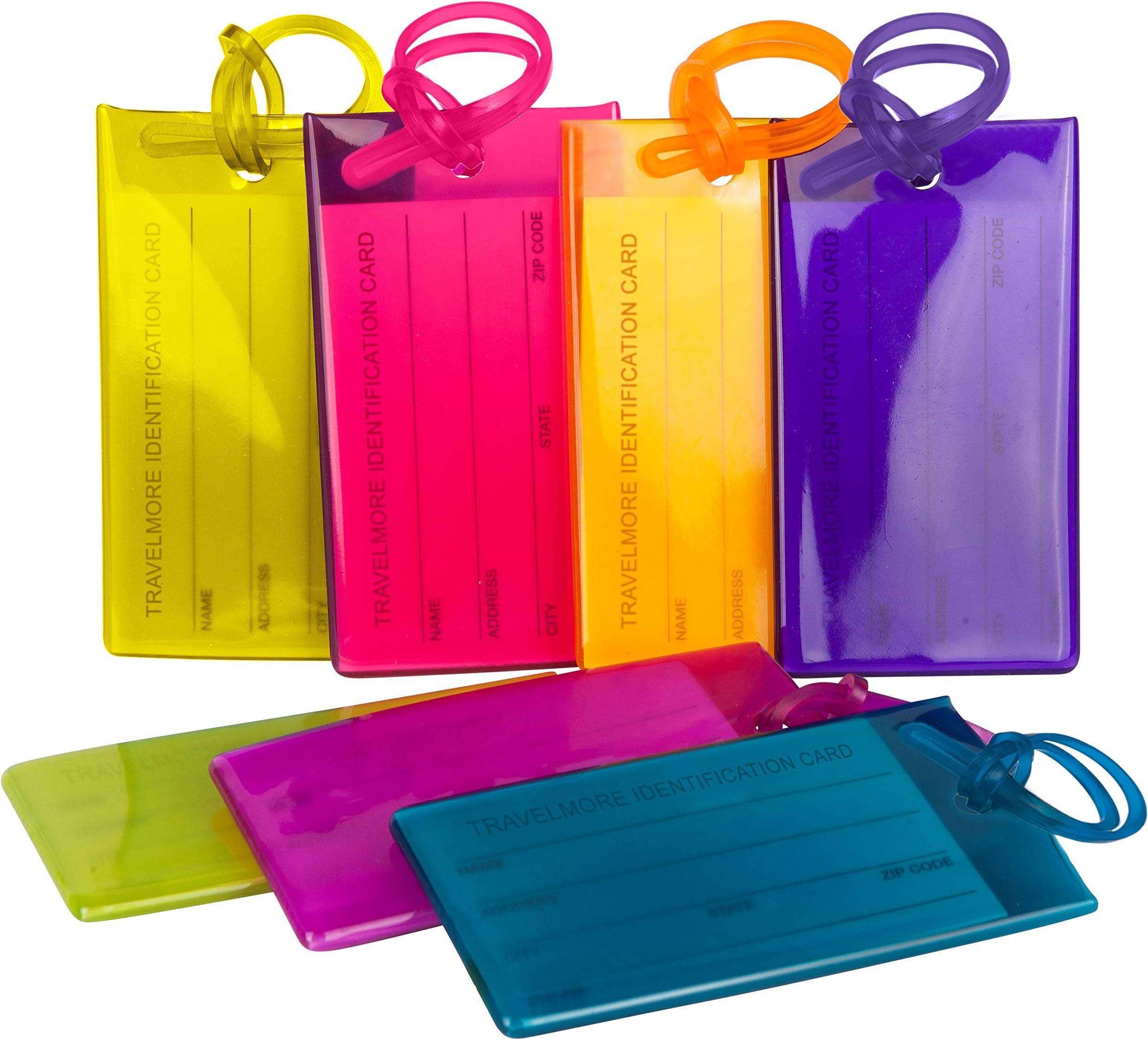 TravelMore7 Pack TravelMore Luggage Tags for Suitcases, Flexible Silicone Travel ID Identification Labels Set for Bags & Baggage - Multi Color Pack