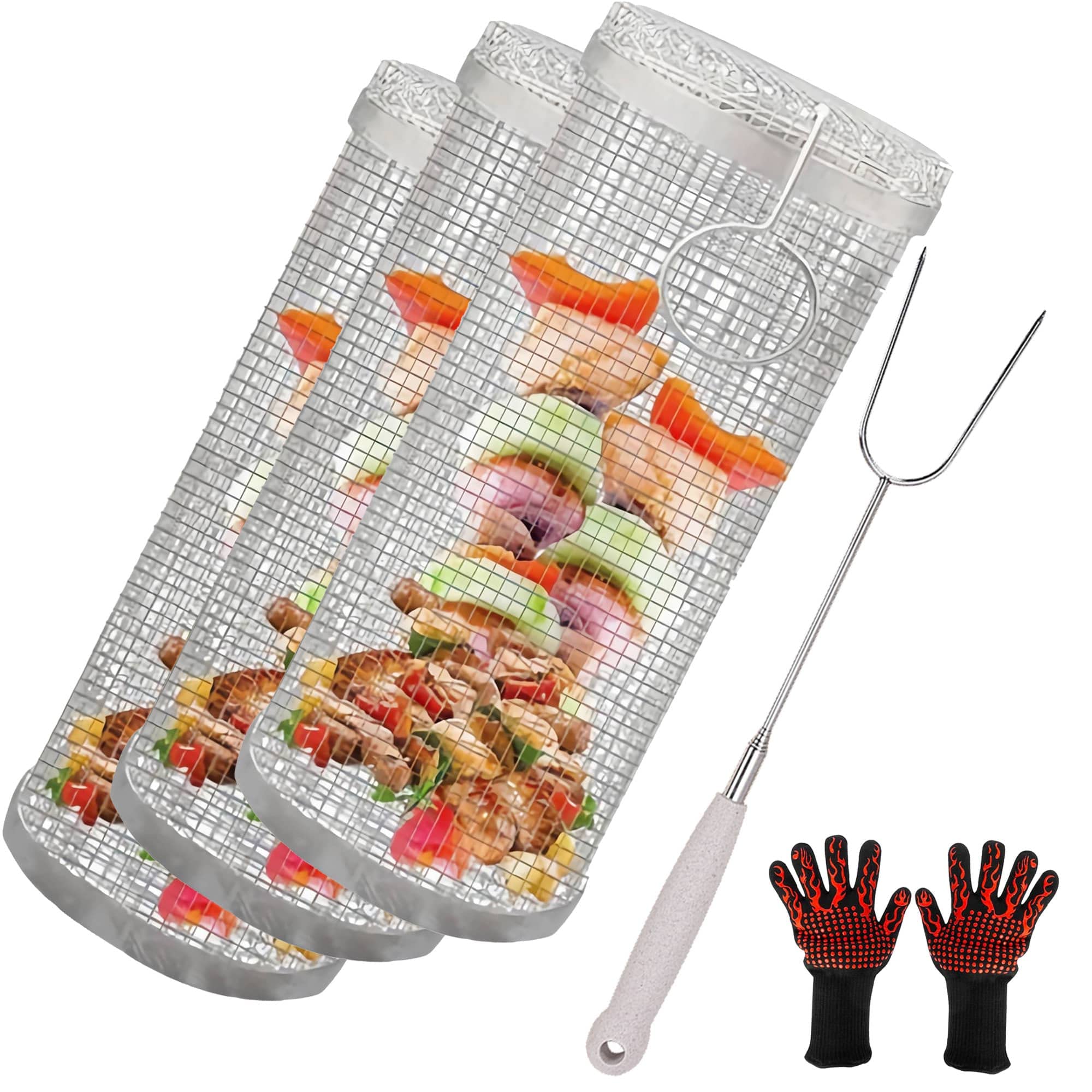 Eoweiot Rolling Grilling Basket Set, Stainless Steel BBQ Grill Cage Round Barbecue Grilling Basket Mesh Cage for Outdoor Grill (3 Pcs Little)