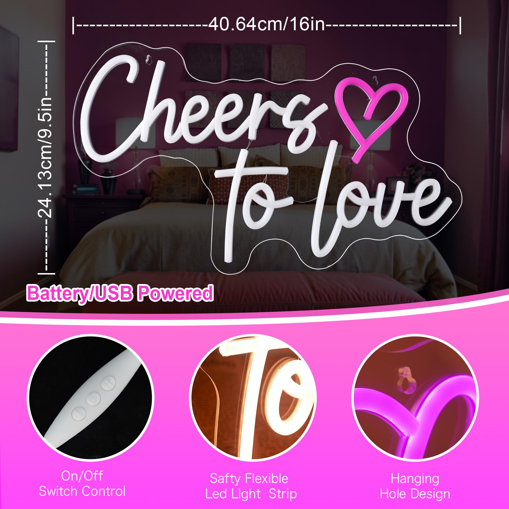 Cheers to love neon Sign - Levels Dimmable USB neon Lights for Wall, Bedroom, Kids Room, Wedding Party bar Decoration neon Light for Wall Decoration Gift for Kids, Valentine's Day