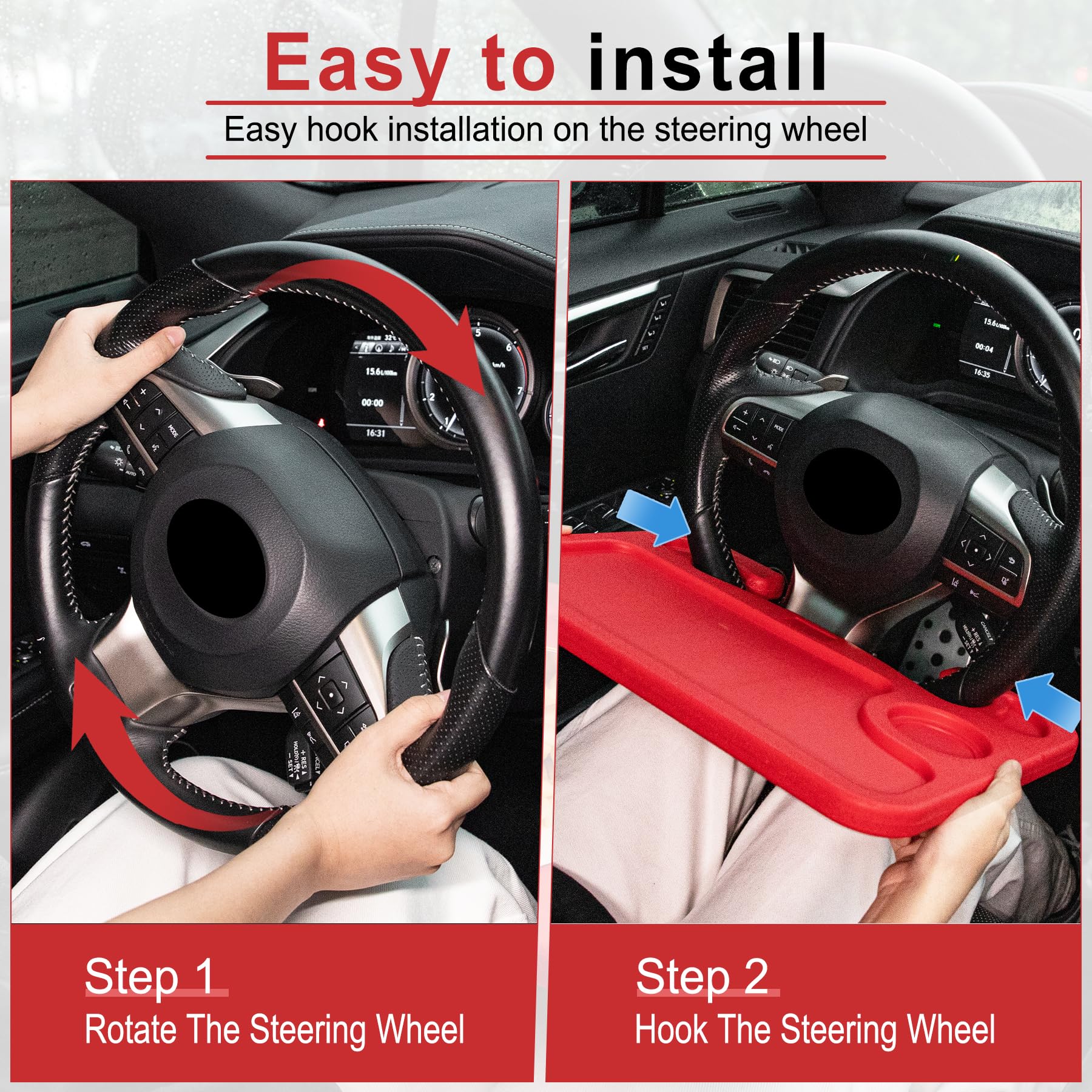 JUSTTOP Car Steering Wheel Desk, Red (ABS, Rectangular), Multipurpose Travel Tray for Eating, Laptop, Tablet, iPad, Cup Holder, Compatible with Most Cars view 4
