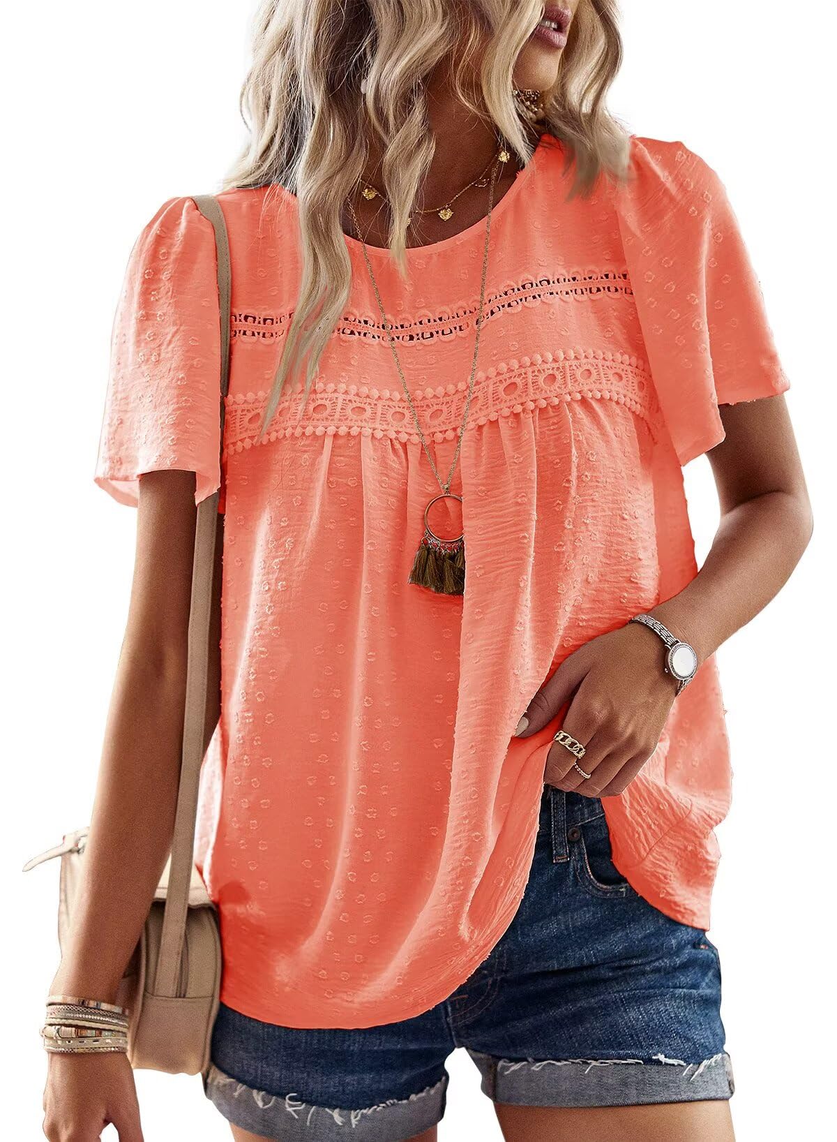 TUUHAW Top Damen Sommer Boho Bluse Kurzarm Oberteile Fließend Elegant Rundhals T Shirt Tunika Lässig Outfits Spitze Kleidung