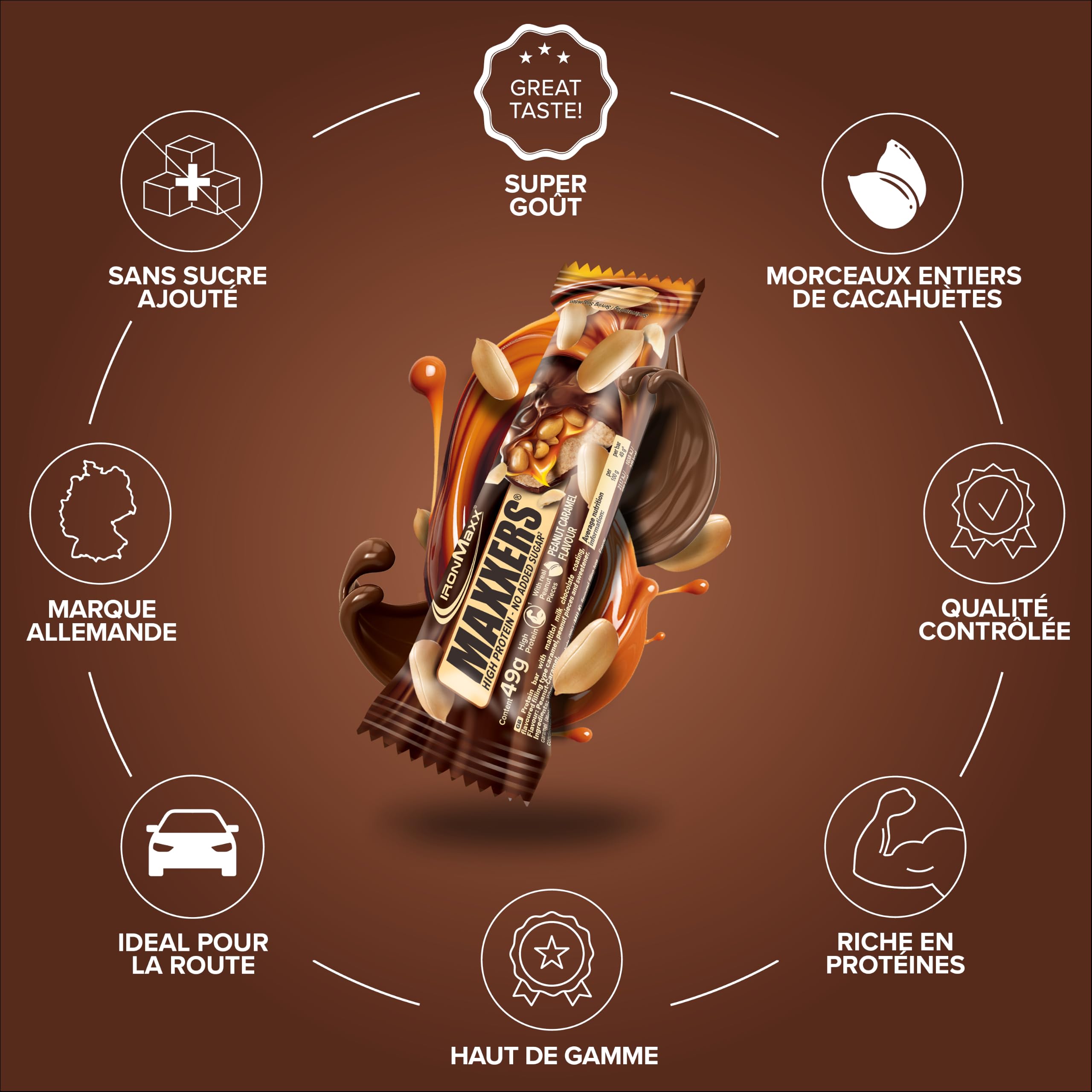 IronMaxx Barre protéinée Maxxers Peanut Caramel – 24 x 49 g – barre protéinée, protein bar, snack protéiné sans sucres ajoutés, collation sportive fitness