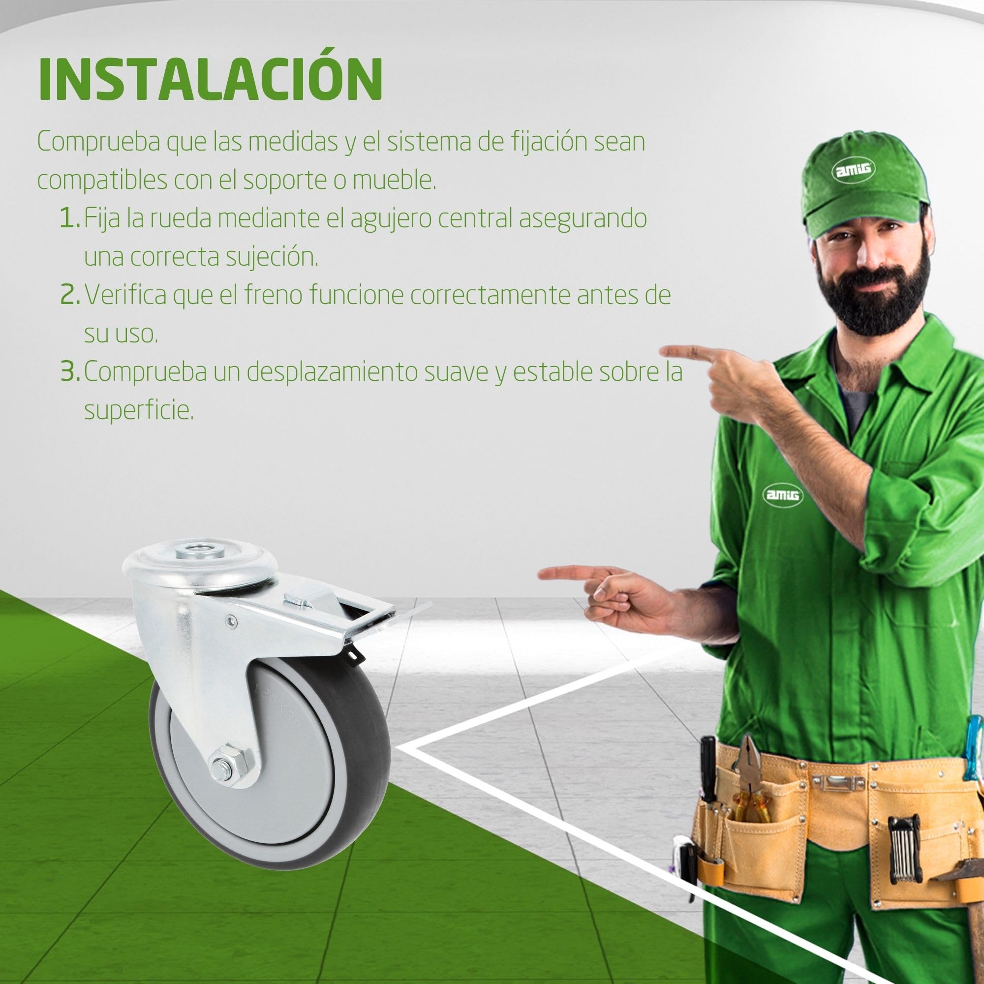 Amig - Pack 4 Ruedas con Freno Para Muebles - Ø 100 mm - Ruedas Giratorias Sin Placa de Montaje - Peso Máximo 110 Kg - Para Mover Muebles Pesados - Rodamientos Rodillos - Núcleo Plástico - Goma Gris