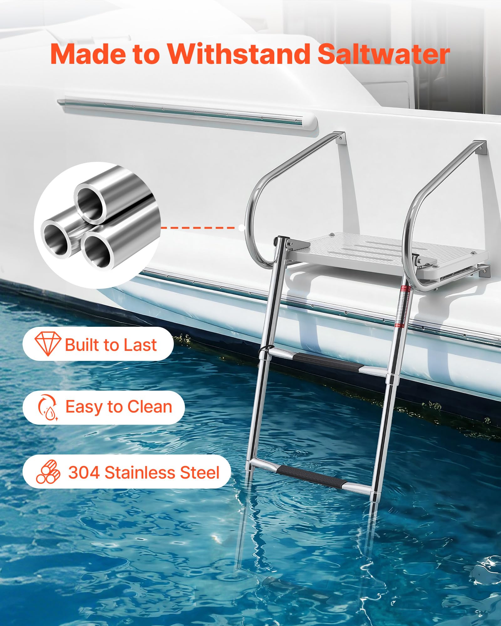 VEVOR Scaletta per Barca in Acciaio Inox, Scaletta Telescopica Pieghevole a 3 Gradini, con Piattaforma e Corrimano, Portata Fino a 181 kg, Gradini Ampi e Antiscivolo, per Fuoribordo, Yacht e Pontoni