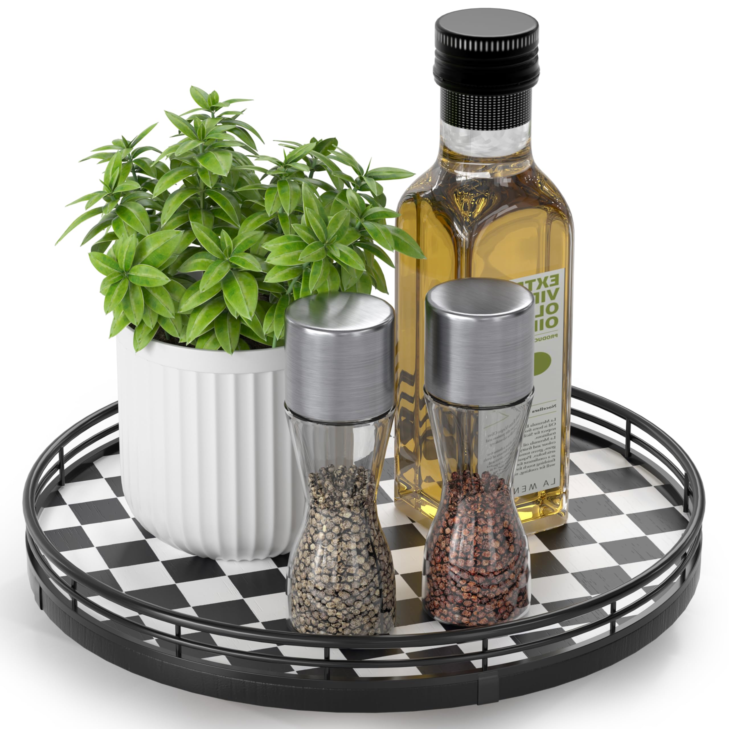 AMH 10-Inch Black and White Checkerboard Lazy Susan with Oak Base