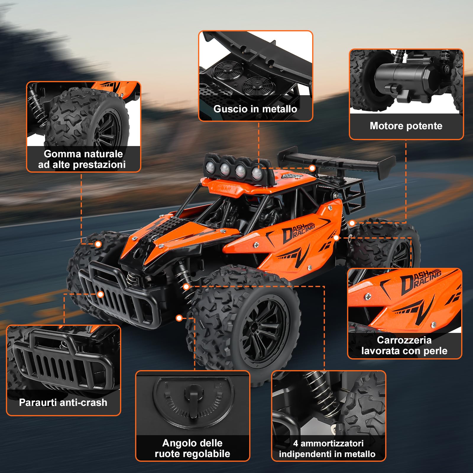 Joellfuner Macchina Telecomandata per Bambini, 2.4Ghz 1:16 Macchina Radiocomandata con Luce LED Quattro Colori, 20KM/H Monster Truck Telecomandato con marce alte e basse per bambini 3+ anni (Arancia)