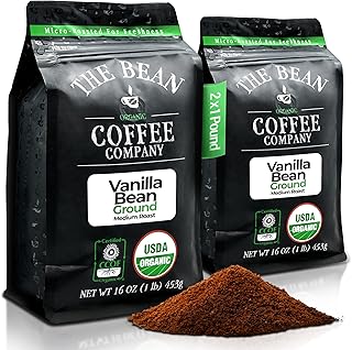 The Bean Organic Coffee Company - Grano de vainilla, tostado medio, café molido, bolsas de 16 onzas (paquete de 2), Café molido tostado orgánico